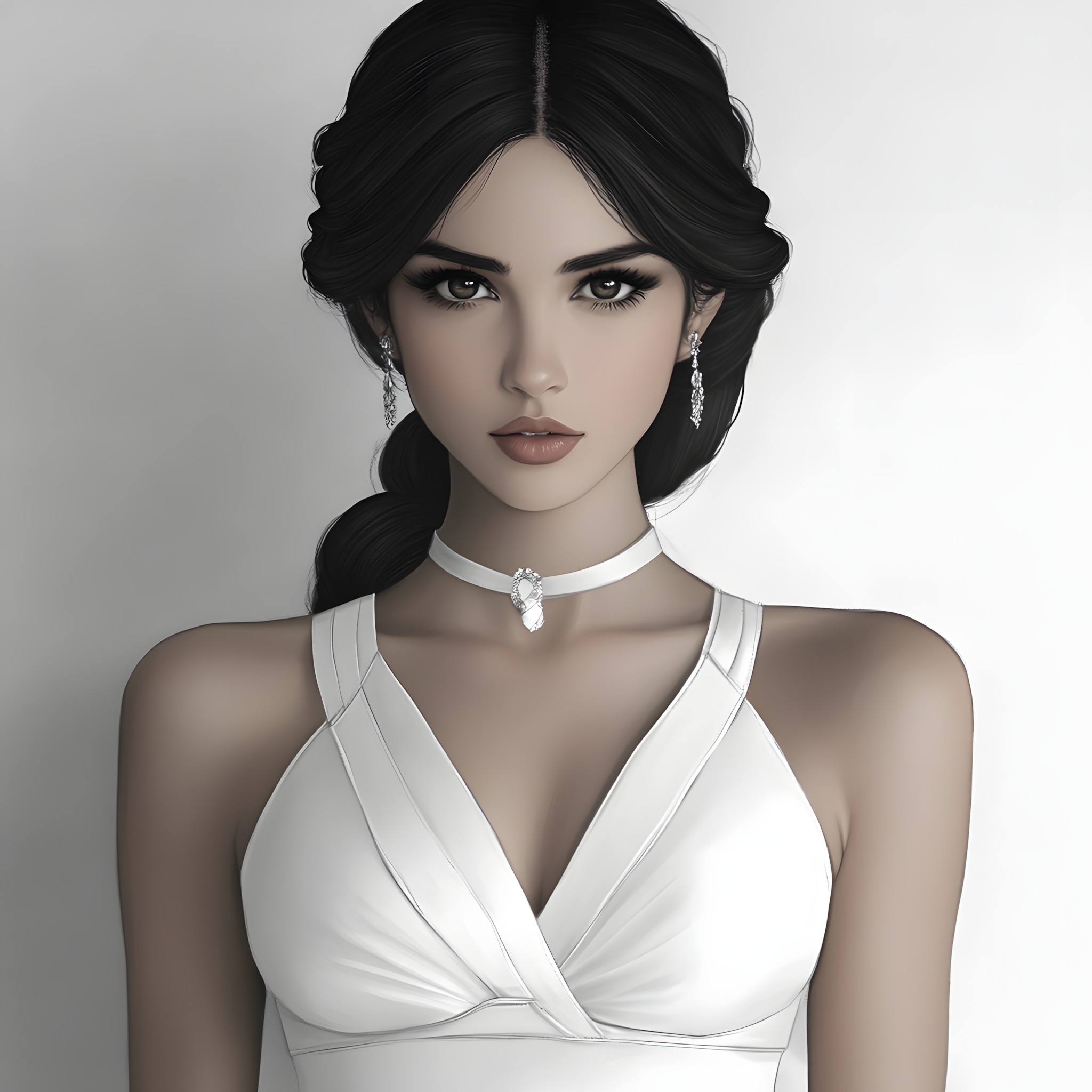 Hair, Head, Skin, Shoulder, Hairstyle, Beauty, Neck, Fashion, Black hair, Eyelash, Jewellery, Necklace, Long hair, Fashion illustration, Thorax, Fashion design, Animation, CG artwork, Choker, Fashion Model