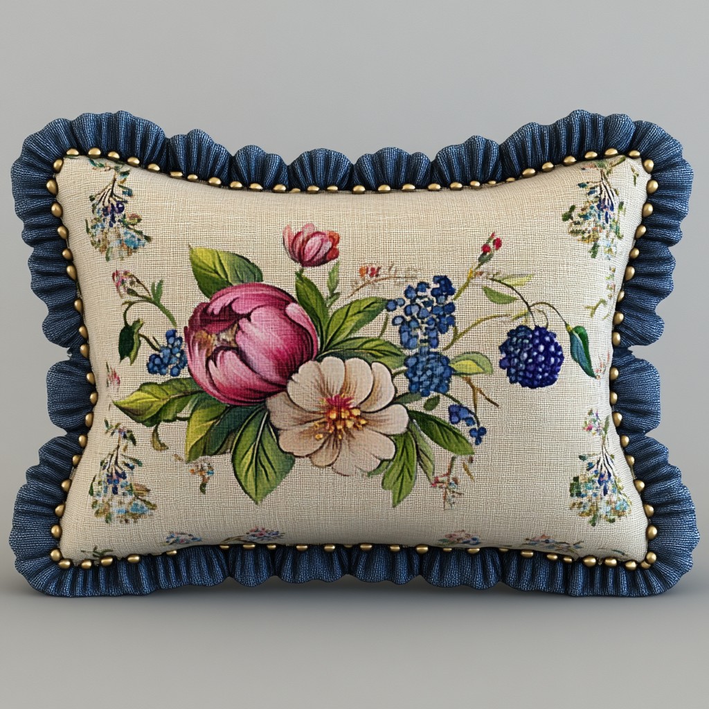 Textile, Cushion, Linens, Pink, Petal, Throw pillow, Creative arts, Pillow, Craft, Flower Arranging, Floral design, Motif, Needlework, Embellishment, Rose family, Rose, Stitch, Embroidery, Violet