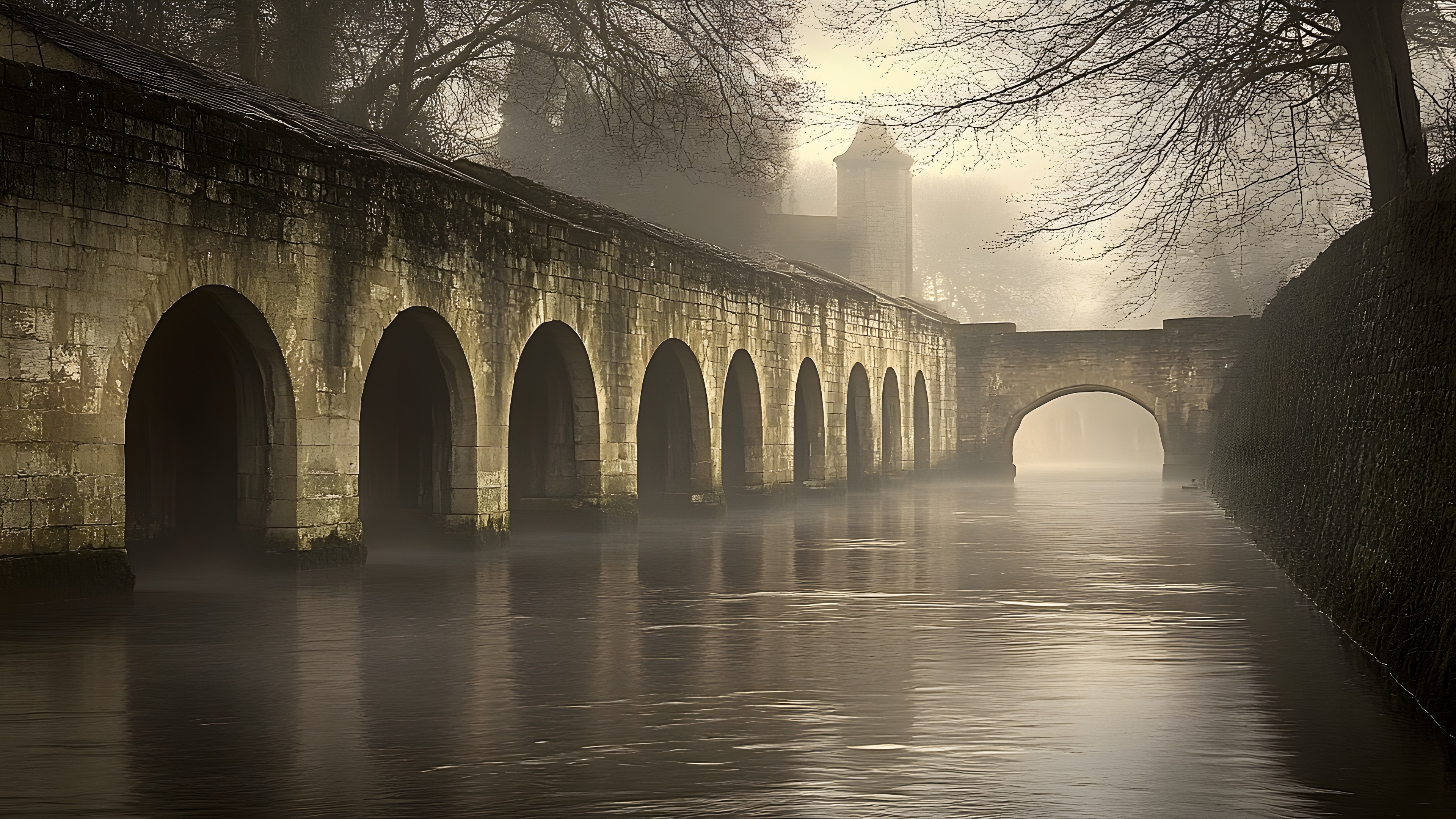 Water, Water resources, Atmosphere, Building, Light, Tree, Sunlight, Sky, Atmospheric phenomenon, Watercourse, Bank, Bridge, Tints and shades, Waterway, Aqueduct, Natural landscape, Symmetry, Calm, Arch bridge, Dusk