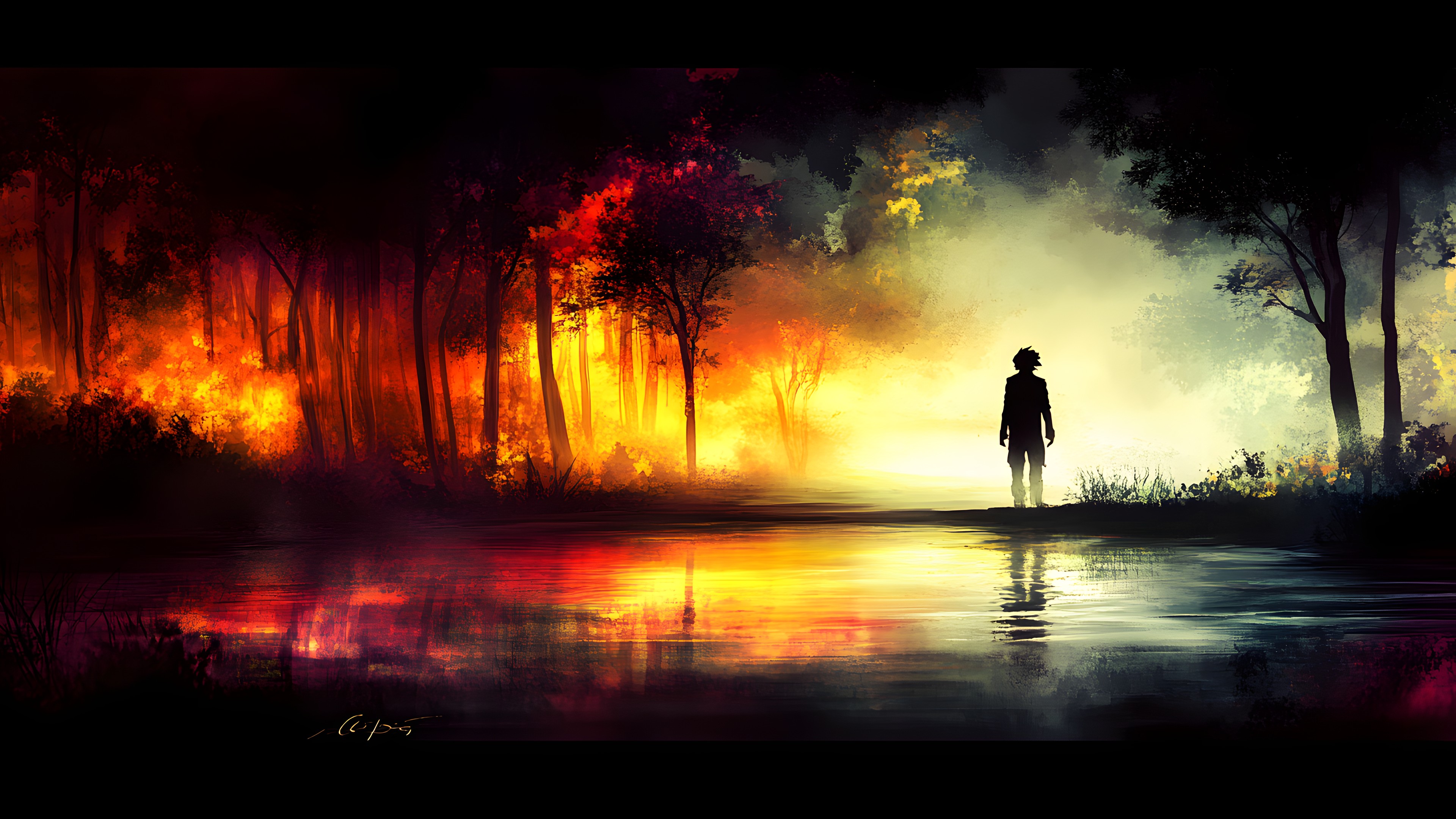 atmospheric phenomenon, Orange, Reflection, Sunrise, Wetland, Dusk, Evening, Dawn, Bayou, Sunset, Red sky at morning, Afterglow, Mist, Watercolor painting, Backlighting, Walking, Fog, Acrylic paint, Haze