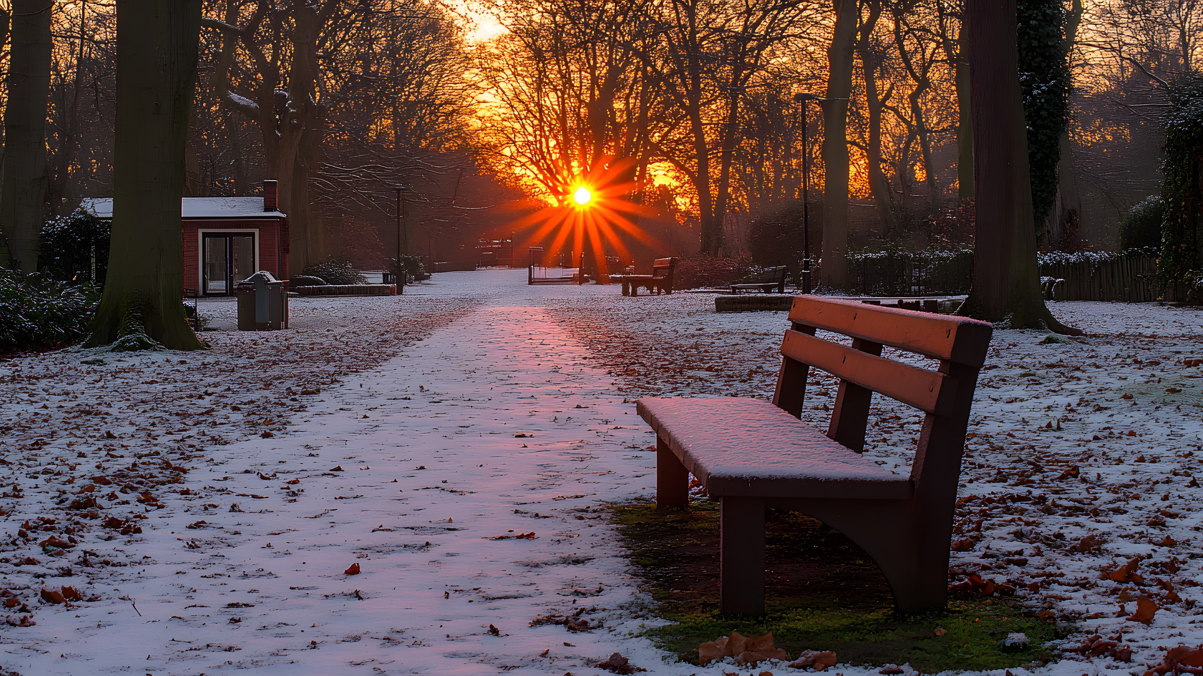 Snow, Atmosphere, Furniture, Plant, Light, Sky, Leaf, Nature, Outdoor bench, Tree, Branch, Lighting, Botany, Street furniture, Natural landscape, Table, Sunlight, Shade, Outdoor furniture, Biome