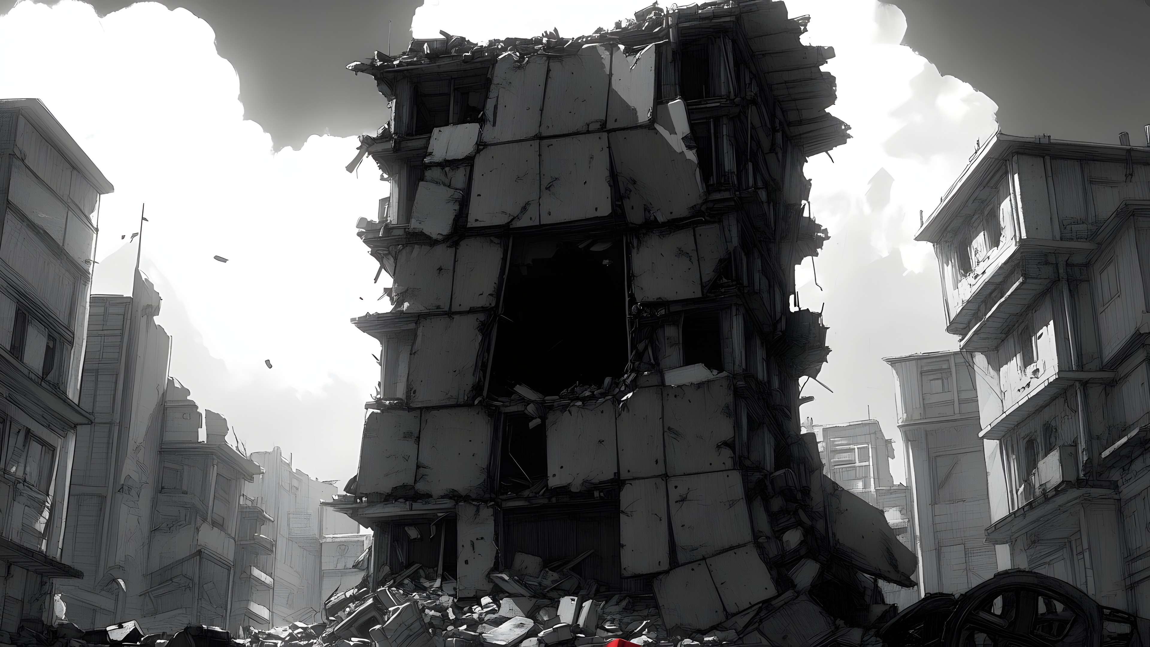 Monochrome photography, Black and white, Monochrome, Apartment, Earthquake, Rubble, Demolition