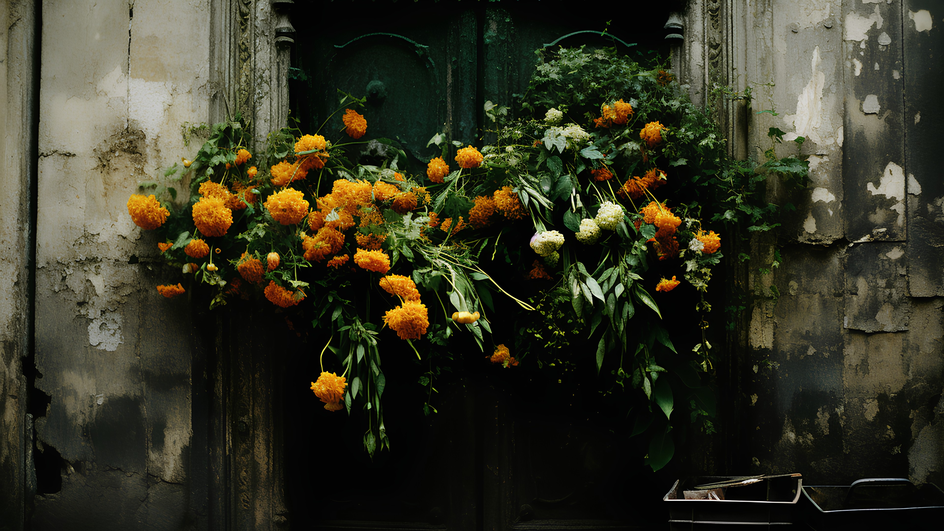 Flower, Plant, Petal, Orange, Botany, Door, Wall, Flower Arranging, Tints and shades, Flowering plant, Twig, Bouquet, Annual plant, Floristry, Cut flowers, Floral design, Artificial flower, Spring, Still life photography, Still life