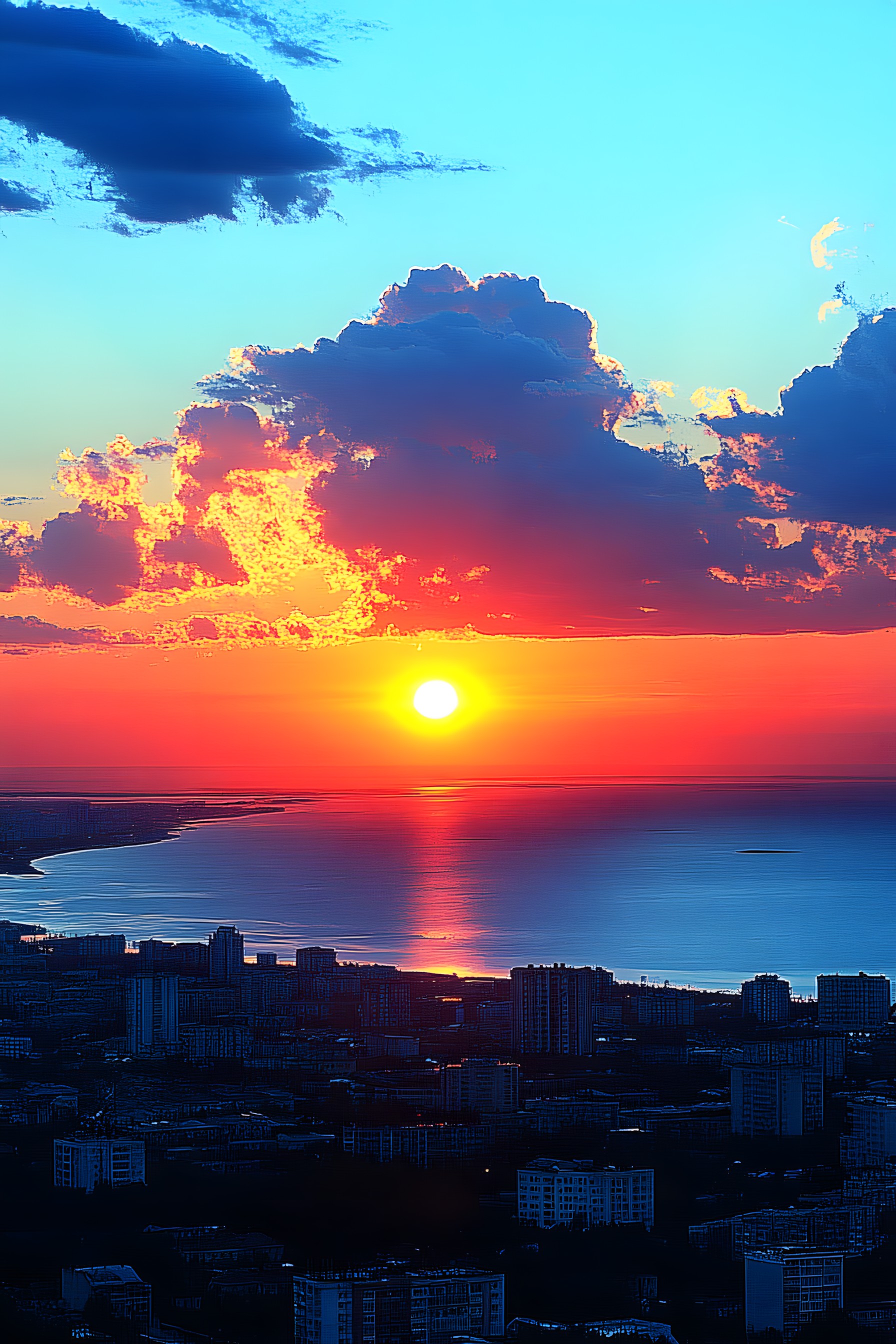 Sky, Blue, Afterglow, Daytime, Horizon, Orange, Sunset, Sun, Dusk, Sunrise, Cloud, Red sky at morning, Astronomical object, Landscape, Evening, Sunlight, Sea, Morning, Ocean, Heat