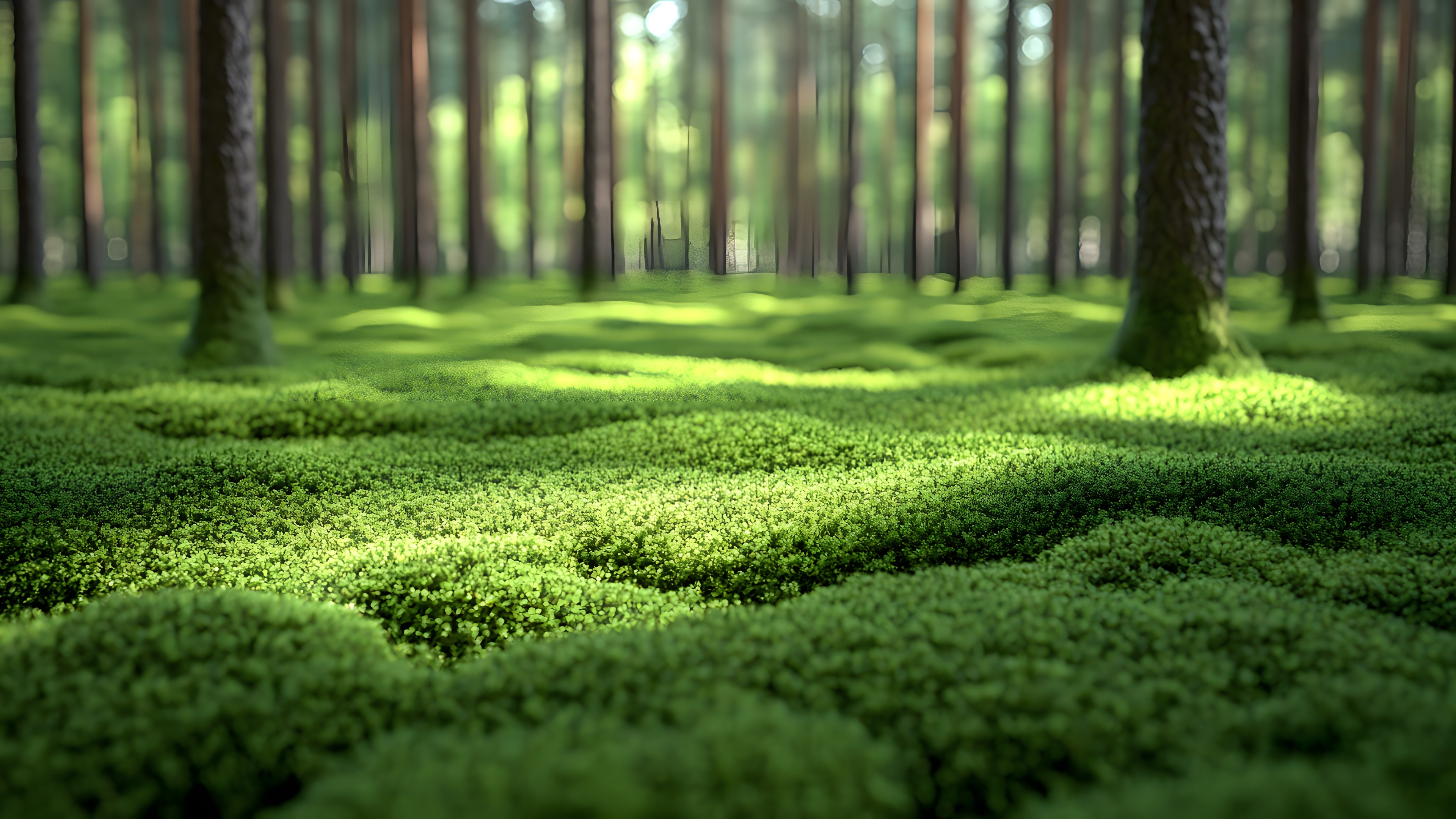 Green, Grass, Natural environment, Nature, Vegetation, Natural landscape, Forest, Grove, Groundcover, Trunk, Woodland, Grasses, Northern hardwood forest, Sunlight, Spring, Woody plant, Old-growth forest, Jungle, Temperate broadleaf and mixed forest, Bryophyte