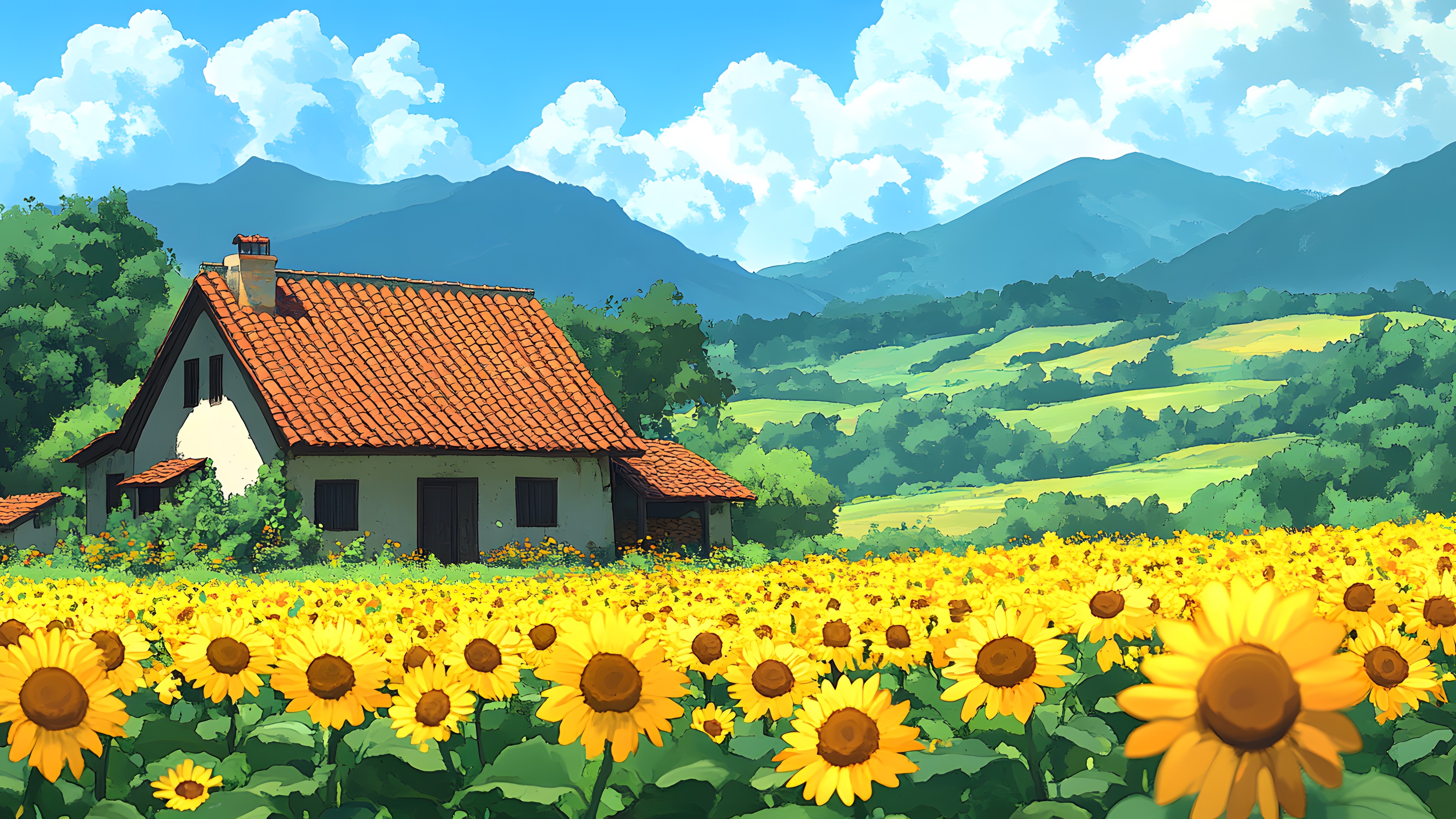 Flower, Common sunflower, Yellow, Rural area, Field, Agriculture, Cottage, Plantation, Meadow, Farm, Garden, Wildflower, Prairie, Farmhouse, Valley, Sunflowers, Village, Crop, Shed, Cumulus
