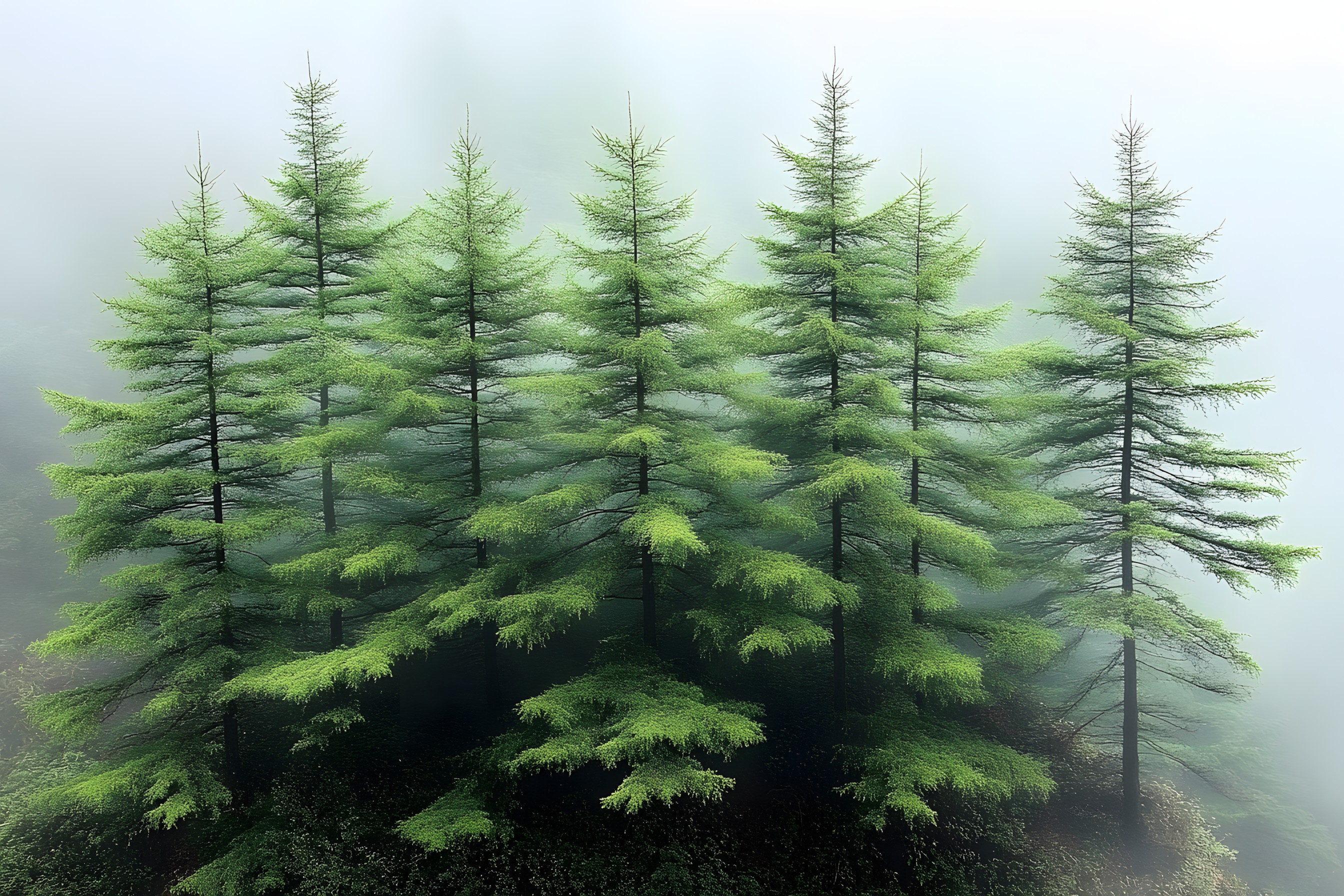 Forest, atmospheric phenomenon, Spruce-fir forests, Larch, Woody plant, Tropical and subtropical coniferous forests, Black spruce, Temperate broadleaf and mixed forest, Old-growth forest, Conifers, Evergreen, Jungle, Grand fir, Northern hardwood forest, Pine family, Cupressaceae, Mist, Fir, Pine, Fog