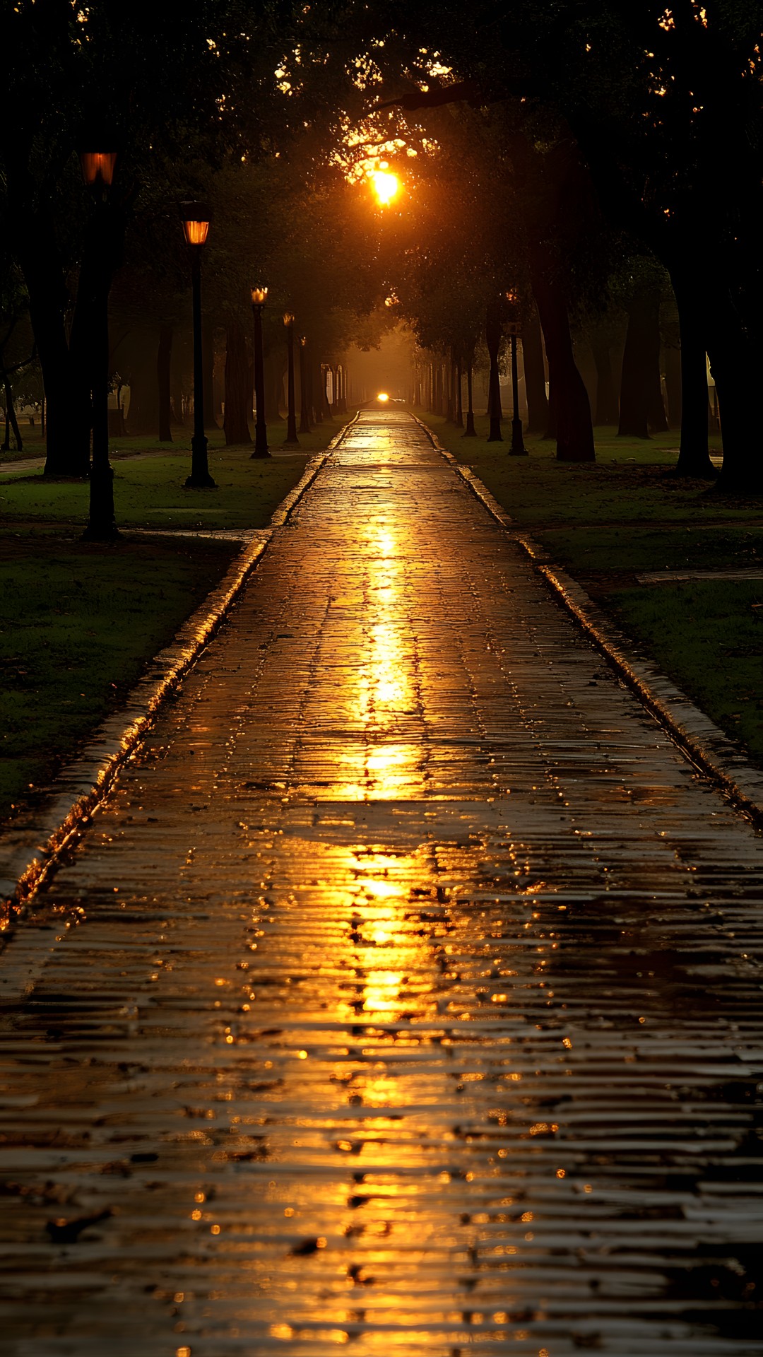 Atmosphere, Photograph, Water, Light, Infrastructure, Amber, Road surface, Nature, Leaf, Branch, Tree, Sunlight, Wood, Thoroughfare, Biome, Atmospheric phenomenon, Line, Grass, Public space, Morning