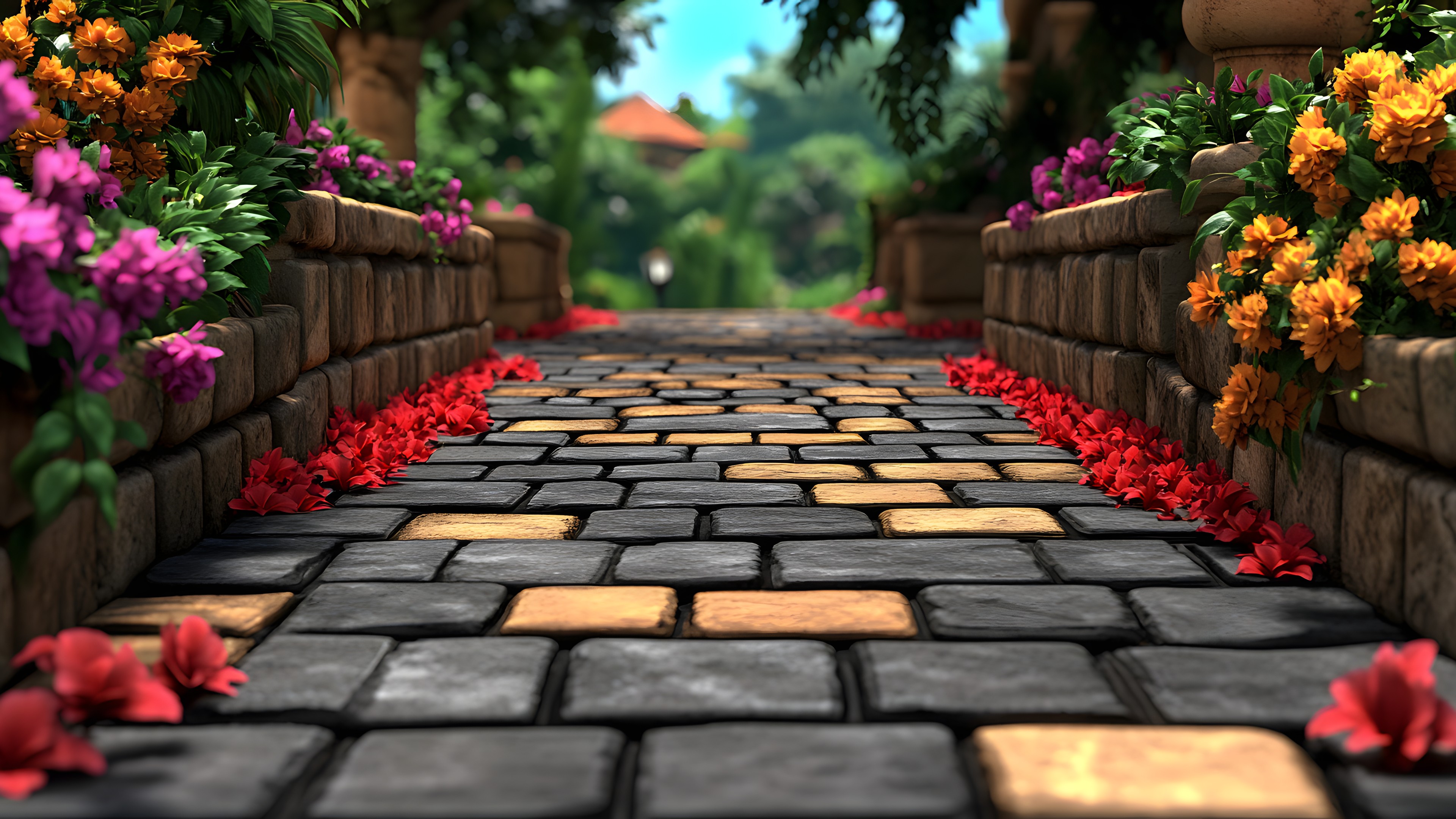 Petal, Cobblestone, Garden, Brick, Walkway, Landscaping, Flagstone, Stone wall, Botanical garden, Floristry, Landscape lighting, Geraniums