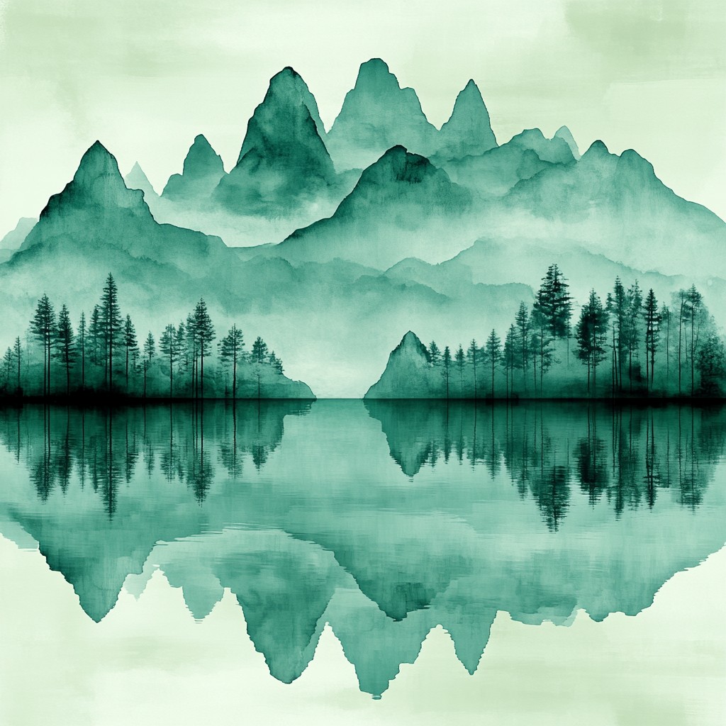 Reflection, Mountain river, Watercolor painting, Lake District, Mist, Loch, Fog, Modern art