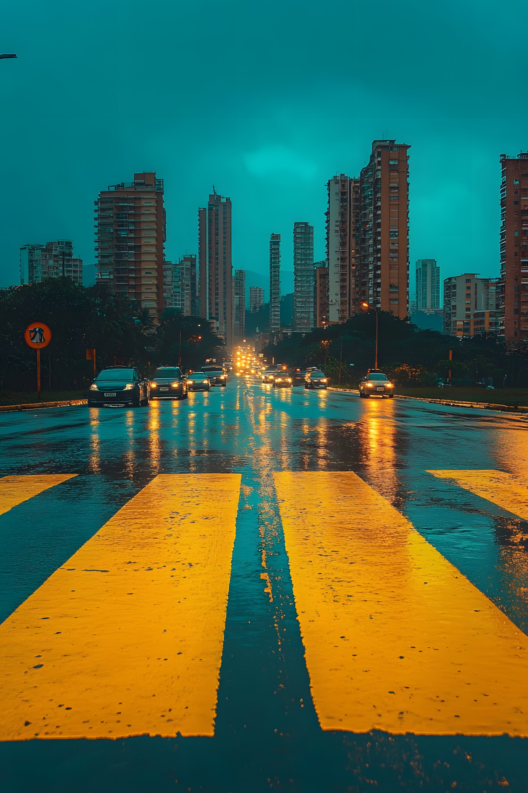 Yellow, City, Road, Urban area, Metropolitan area, Street, High-rise building, Skyscraper, Thoroughfare, Metropolis, Lane, Commercial building, Tower, Highway, Zebra crossing, Evening, Cityscape, Condominium, Pedestrian crossing, Dusk