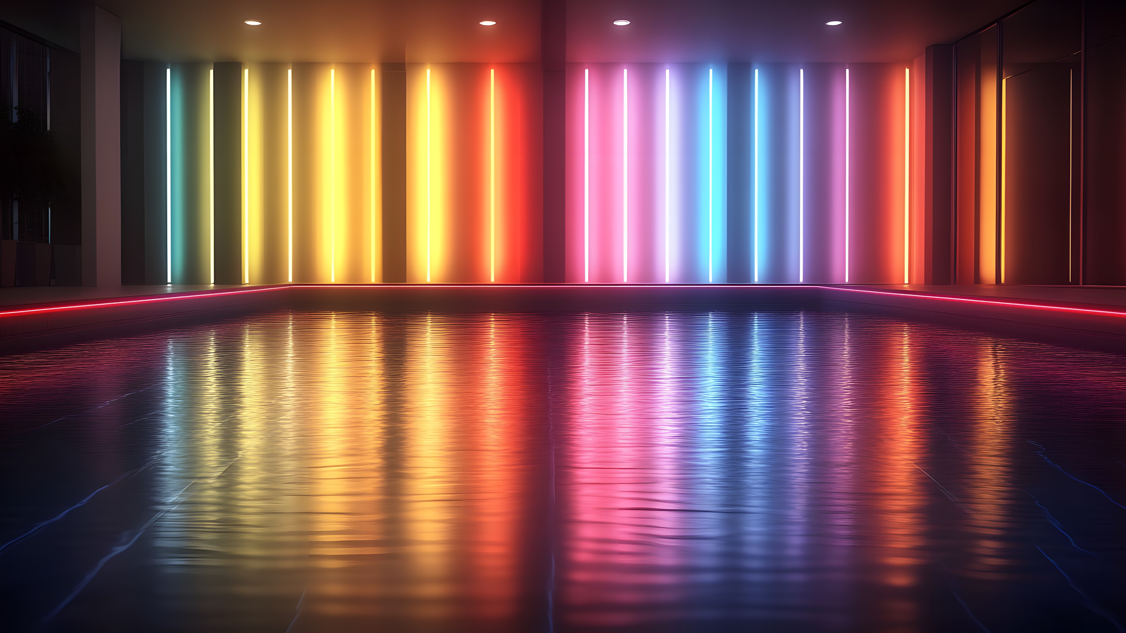 Purple, Pink, Amber, Material property, Magenta, Tints and shades, Rectangle, Pattern, Symmetry, Electric blue, Event, Visual effect lighting, Decoration, Darkness, Water, Room, Flooring, Graphics, Carmine, Column