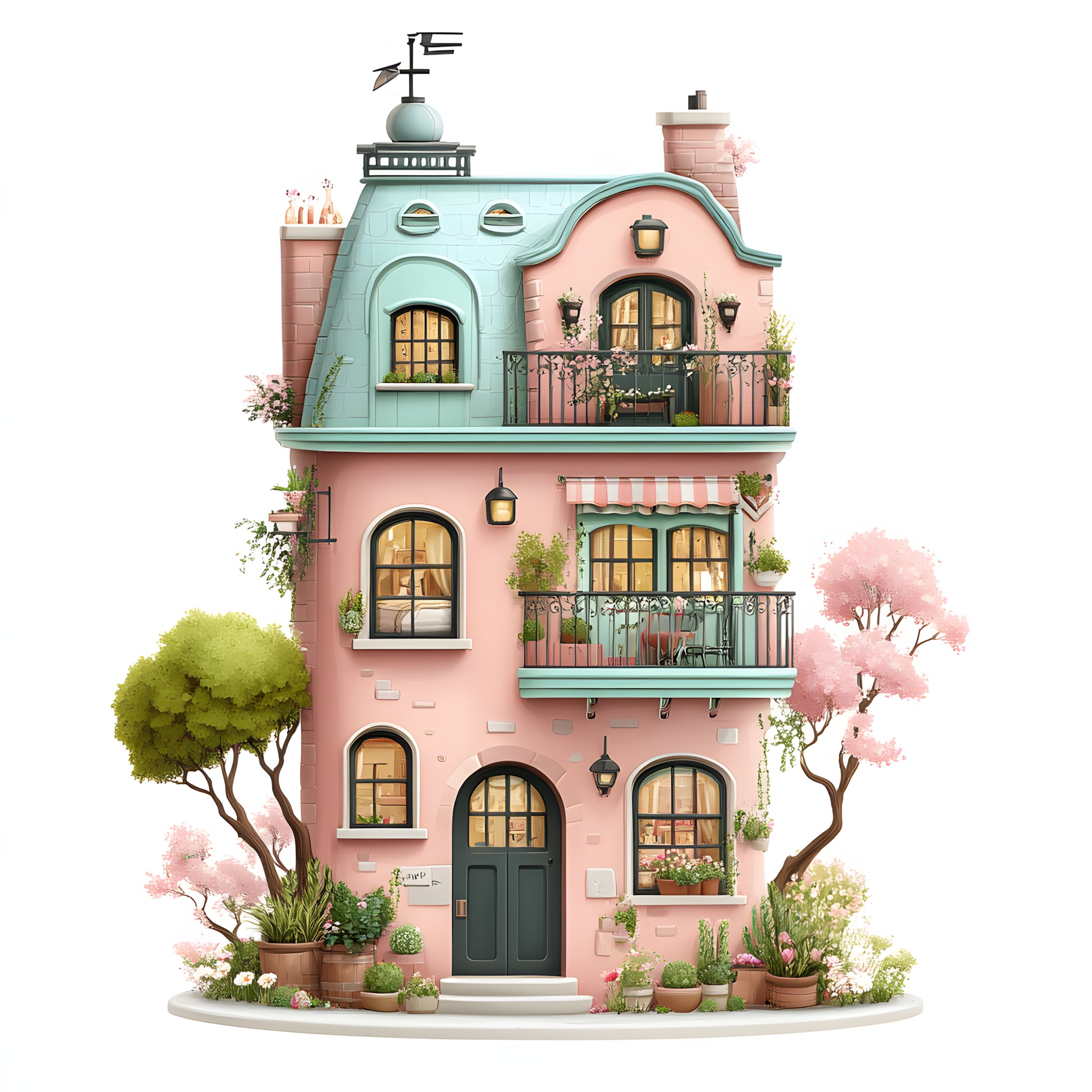 Home, Animation, Dollhouse, Graphics, Toy, Houseplant, Flowerpot, Balcony, Geraniums