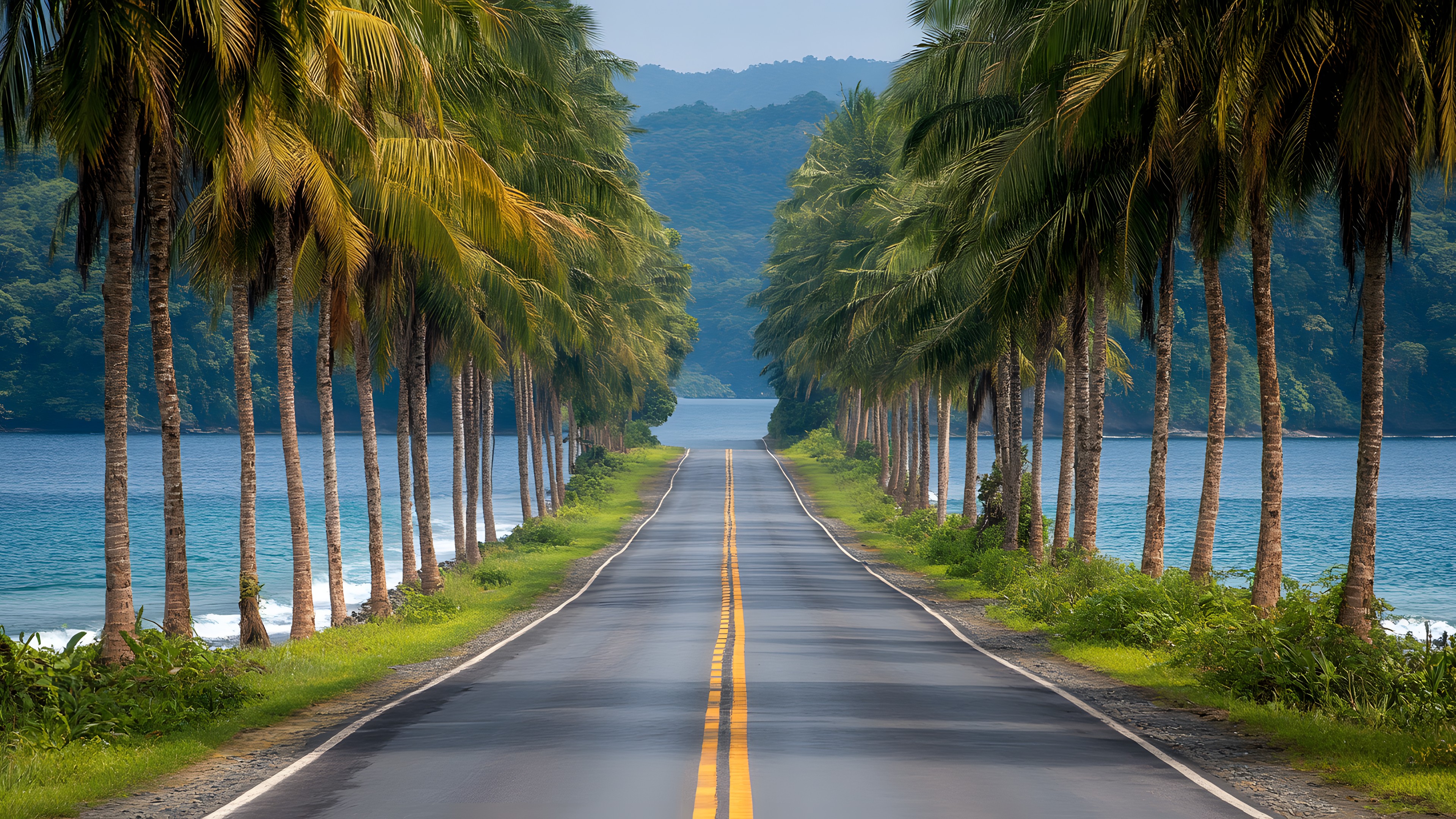 Sky, Plant, Light, Nature, Infrastructure, Azure, Natural landscape, Road surface, Thoroughfare, Grass, Tree, Vegetation, Sunlight, Arecales, Asphalt, Biome, Line, Woody plant, Road, Landscape