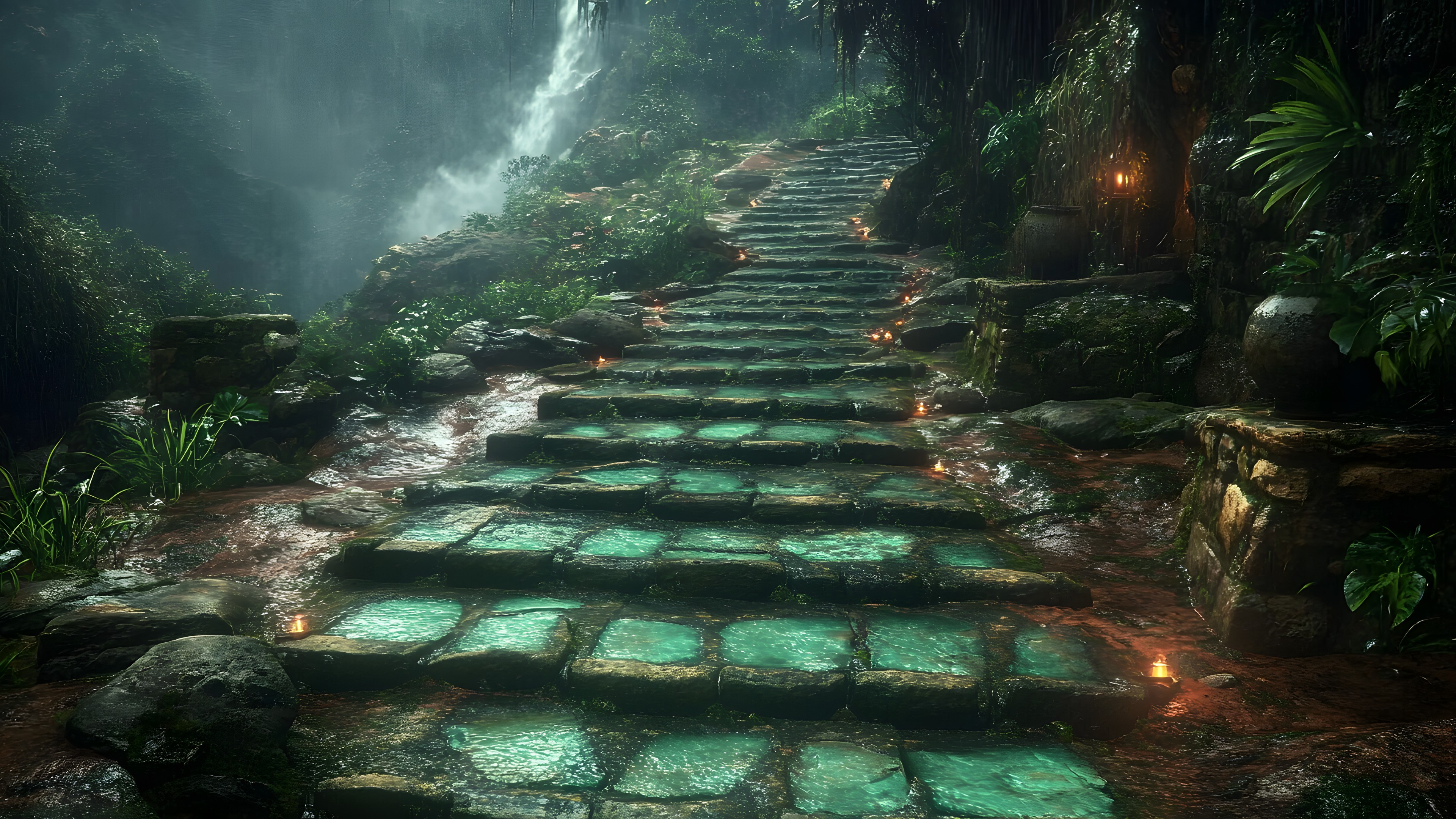 Nature, Stairs, Natural landscape, Rock, Forest, Jungle, Old-growth forest, Rainforest, Trail, Valdivian temperate rain forest, Stream, Woodland, Mist, Walkway, Erosion, Moss, Cobblestone, Bryophyte