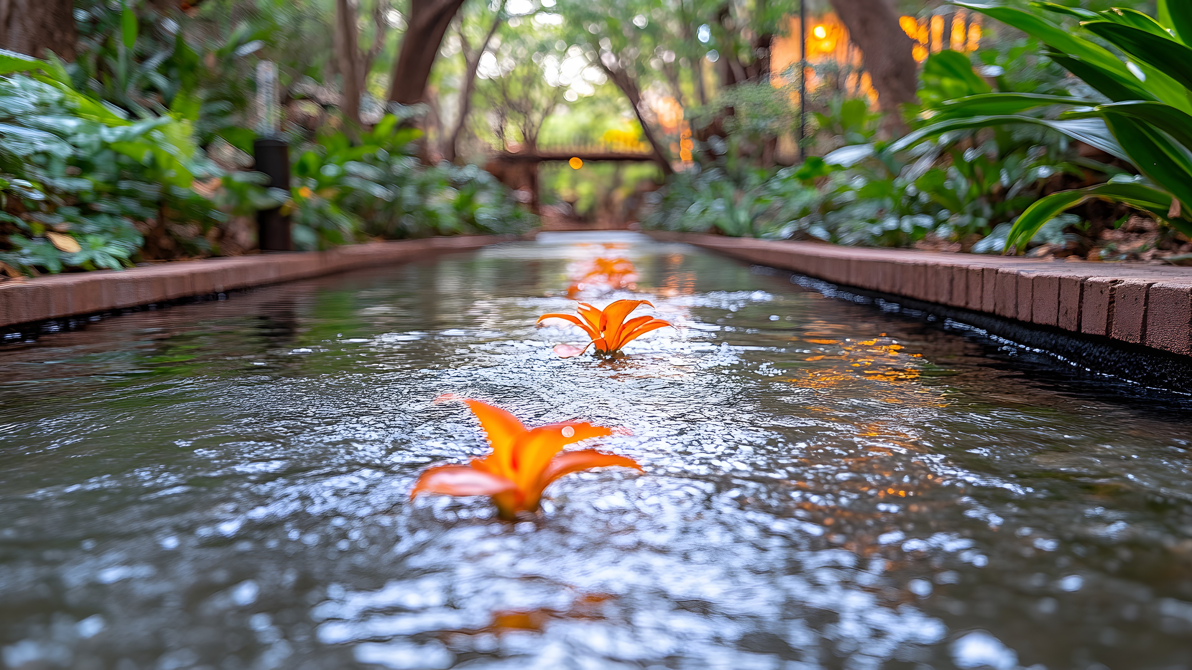 Reflection, Garden, Pond, Botanical garden, Water feature, Walkway, Reflecting pool, Riparian zone, Bayou, Palm trees, Spring