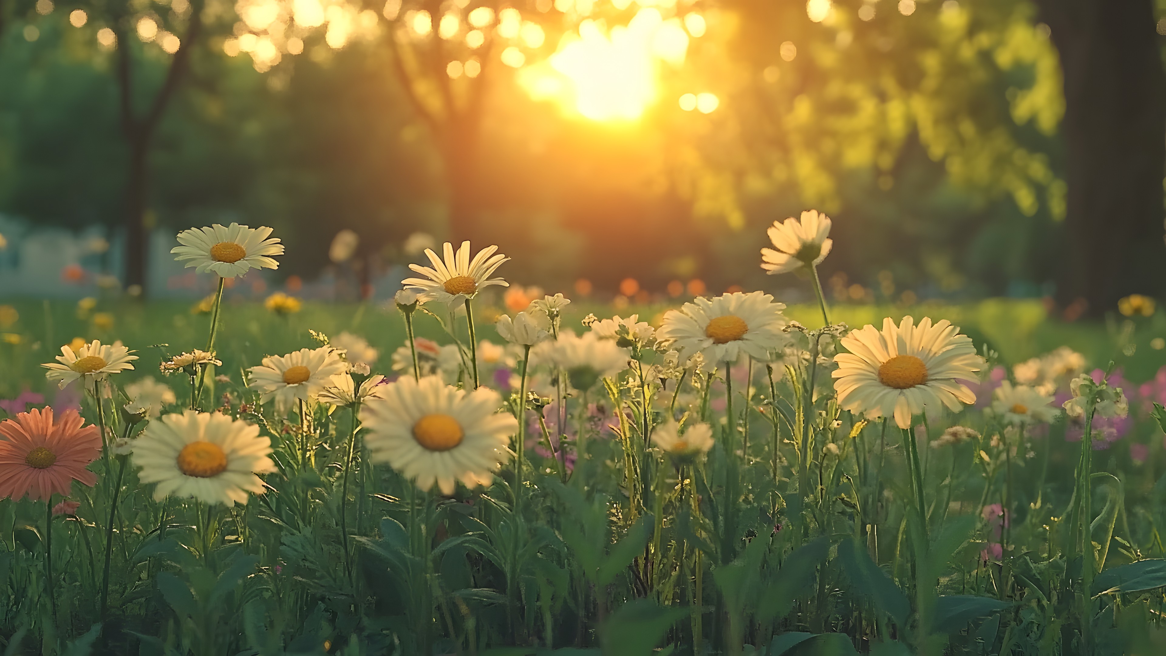 Flower, Green, Yellow, Petal, Summer, Sun, Spring, Sunlight, Flowering plant, Meadow, Wildflower, Roman chamomile, Herbaceous plant, Daisy family, Plant stem, Lens flare, Marguerite daisy, Bellis, Common daisy, Chamomile