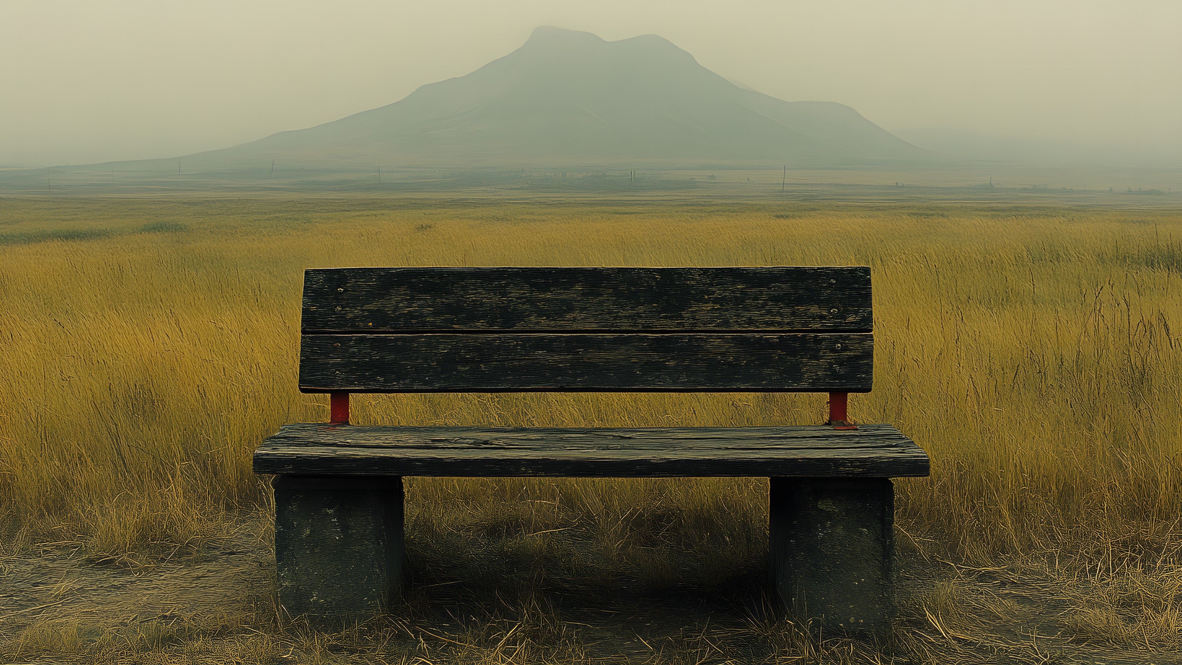 Outdoor Bench, Furniture, Bench, Outdoor furniture, Natural landscape, Horizon, Landscape, Ecoregion, Plain, Morning, Street furniture, Sunlight, Steppe, Prairie, Hinterland, Evening, Savanna, Mist, Tundra