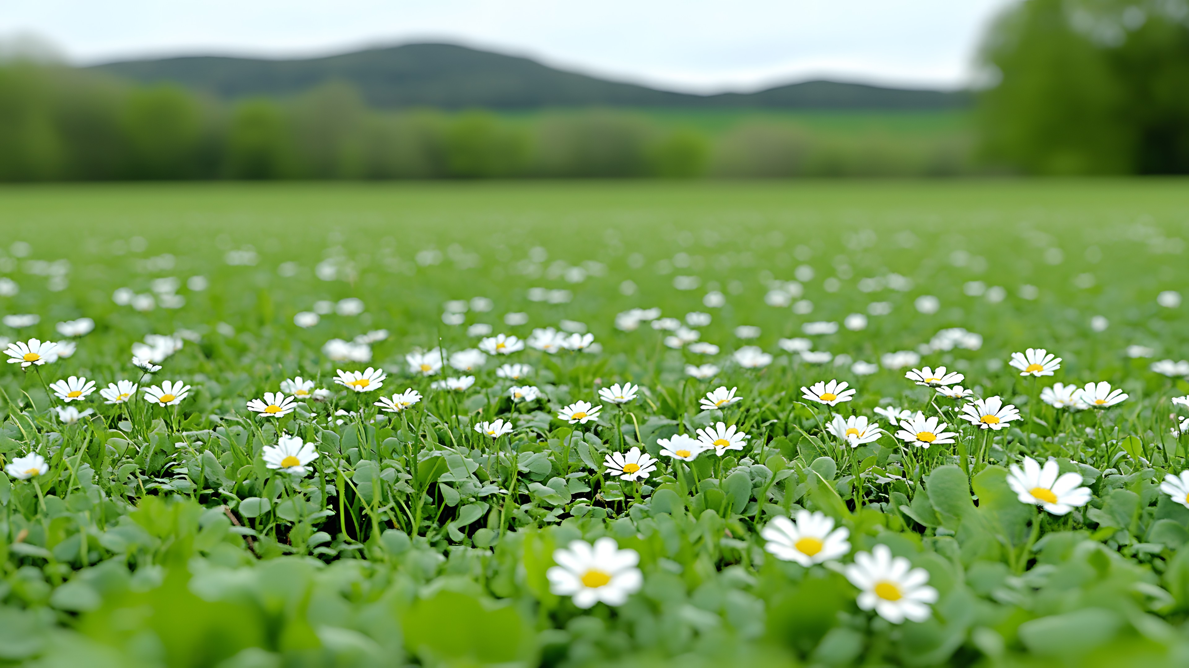 Green, Flower, Petal, Grassland, Meadow, Groundcover, Field, Spring, Grasses, Flowering plant, Close-up, Wildflower, Herbaceous plant, Roman chamomile, Lawn, Prairie, Bellis, Marguerite daisy, Agriculture, Chamomile