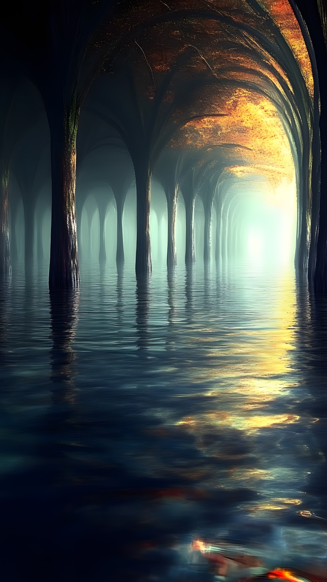 Arch, Reflection, Underground lake, Evening, Bayou, Sea cave