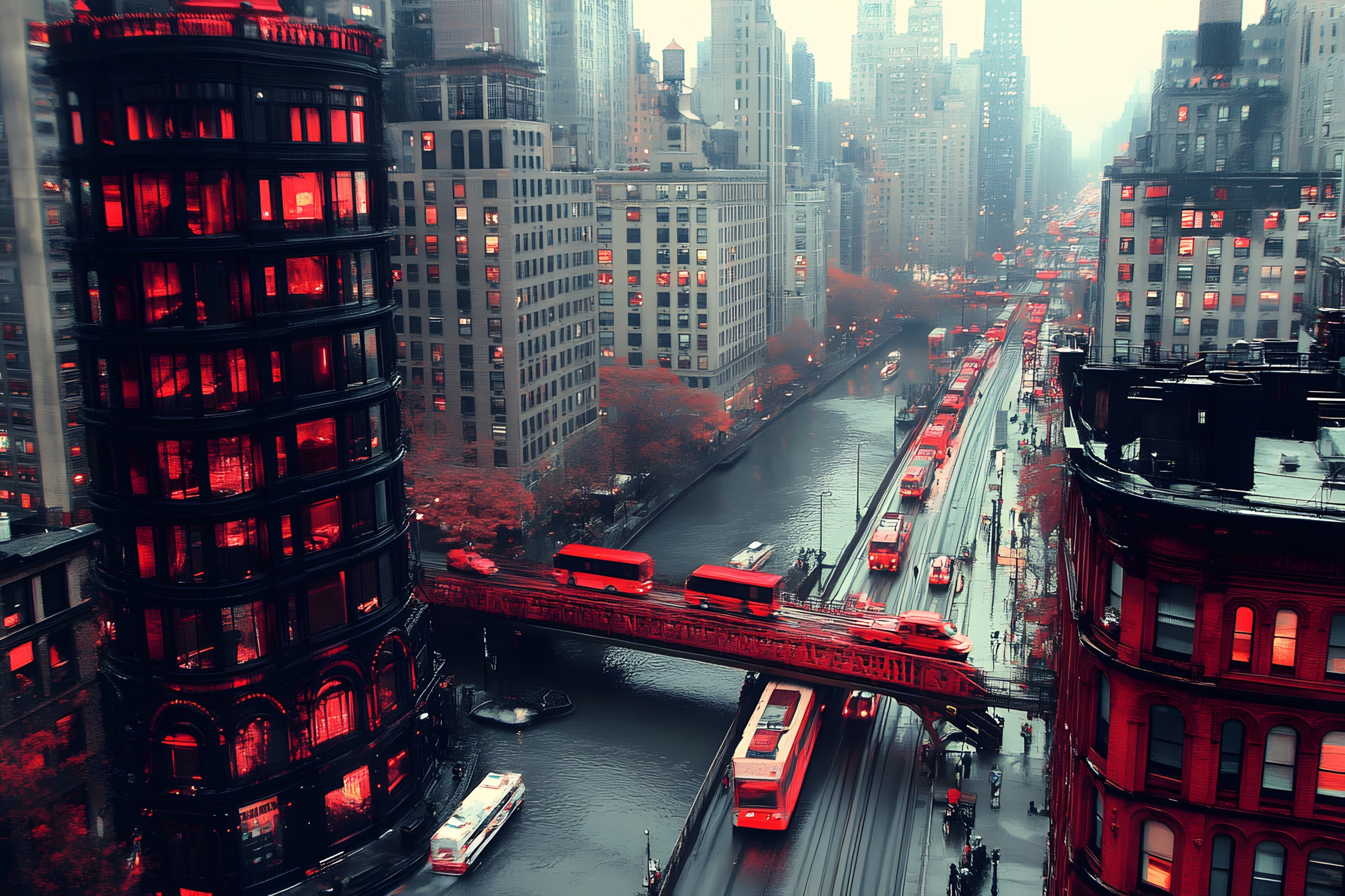 Red, Urban area, City, Metropolitan area, Metropolis, High-rise building, Skyscraper, Cityscape, Commercial building, Tower, Mixed-use, Traffic, Condominium, Evening, Double-decker bus, Reflection, Skyline