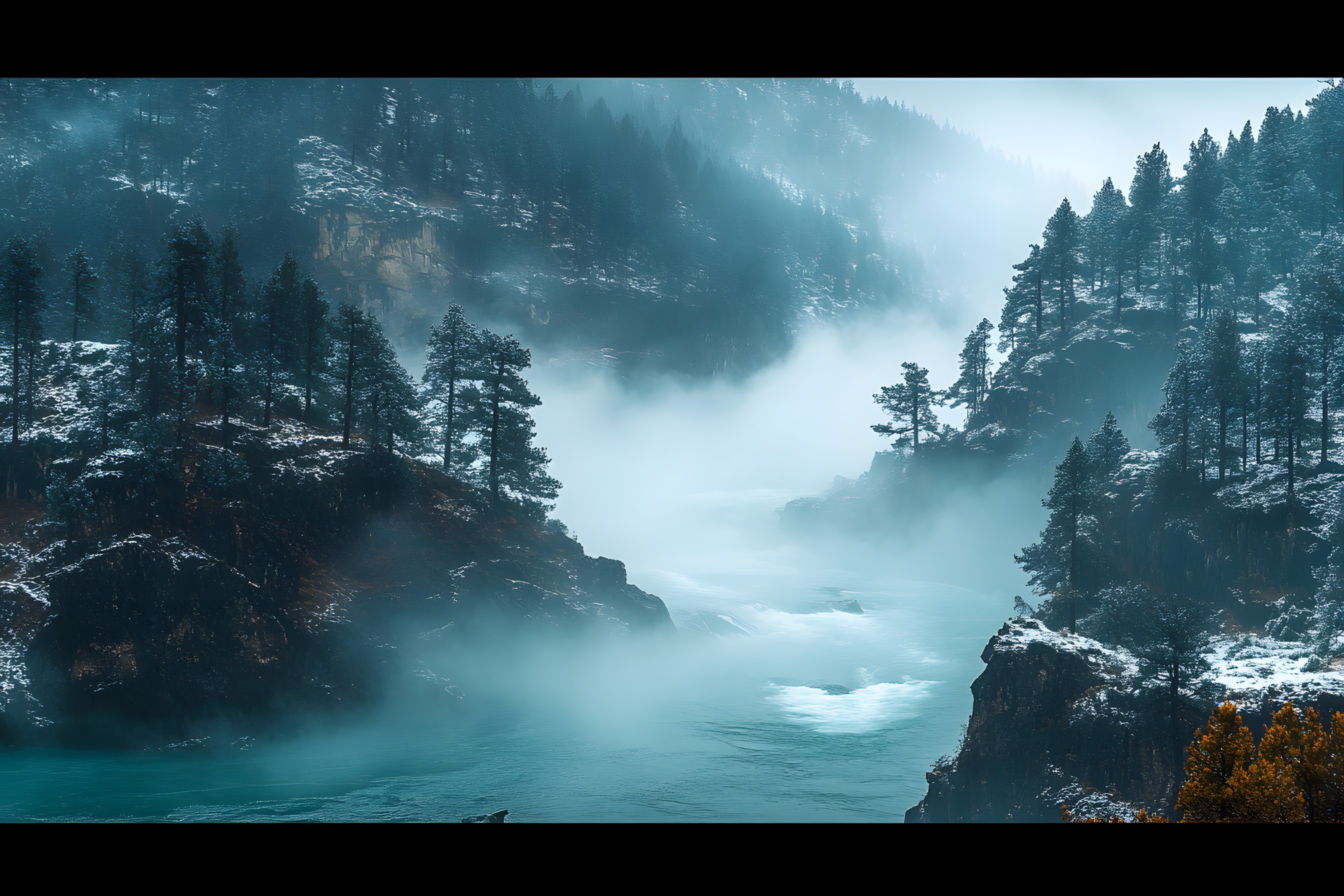 atmospheric phenomenon, Watercourse, Wilderness, Mist, geological phenomenon, Stream, Forest, Fog, Mountain river, Fluvial landforms of streams, River, Valley, Hill station, Haze, Jungle, Sound, Fjord, Tropical and subtropical coniferous forests, Meteorological phenomenon, Conifers