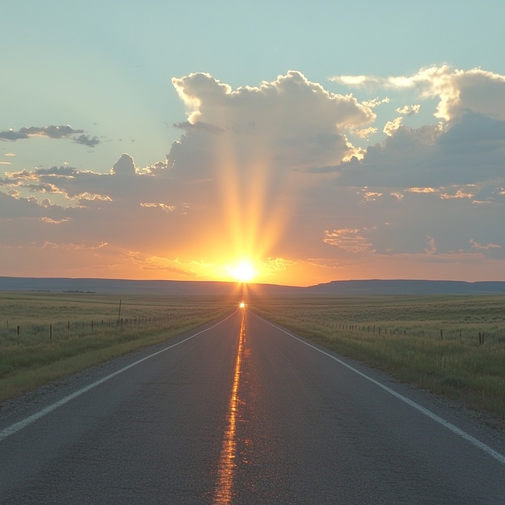 Sky, Blue, Sun, Horizon, Daytime, Yellow, Nature, Cloud, Road, Natural landscape, atmospheric phenomenon, Sunset, Ecoregion, Afterglow, Sunrise, Orange, Astronomical object, Dusk, Plain, Asphalt