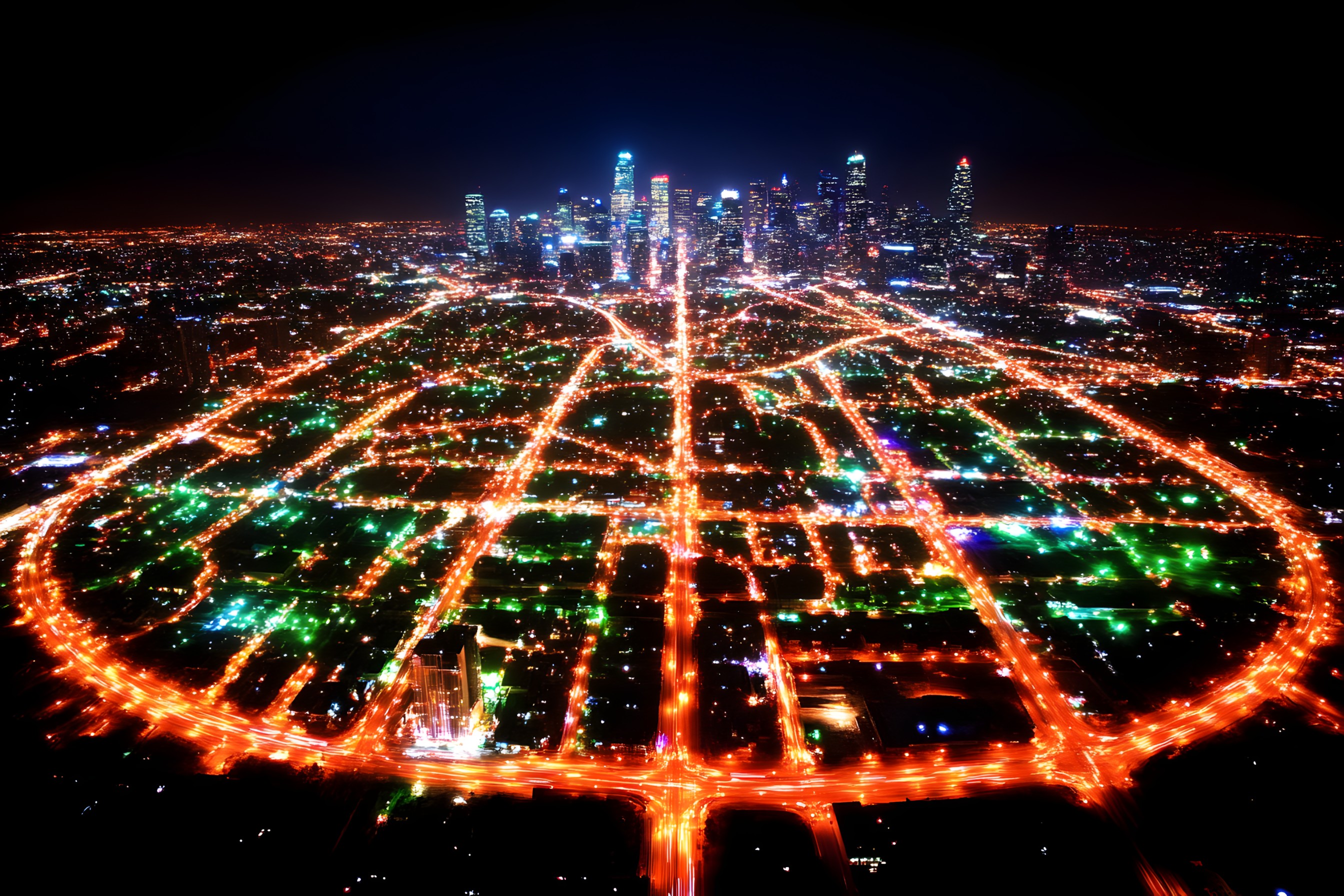 Night, Lighting, Metropolitan area, Electricity, Metropolis, Midnight, Skyscraper, Cityscape, High-rise building, Aerial photography, Neon, Road junction, Bird's-eye view