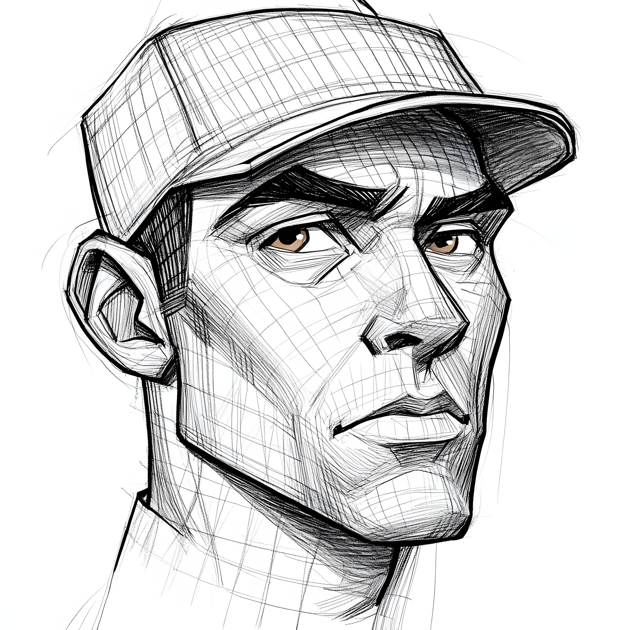 Neck, Headgear, Drawing, Sketch, Line art, Cap, Illustration, Facial hair, No expression, Self-portrait, Design, Graphics