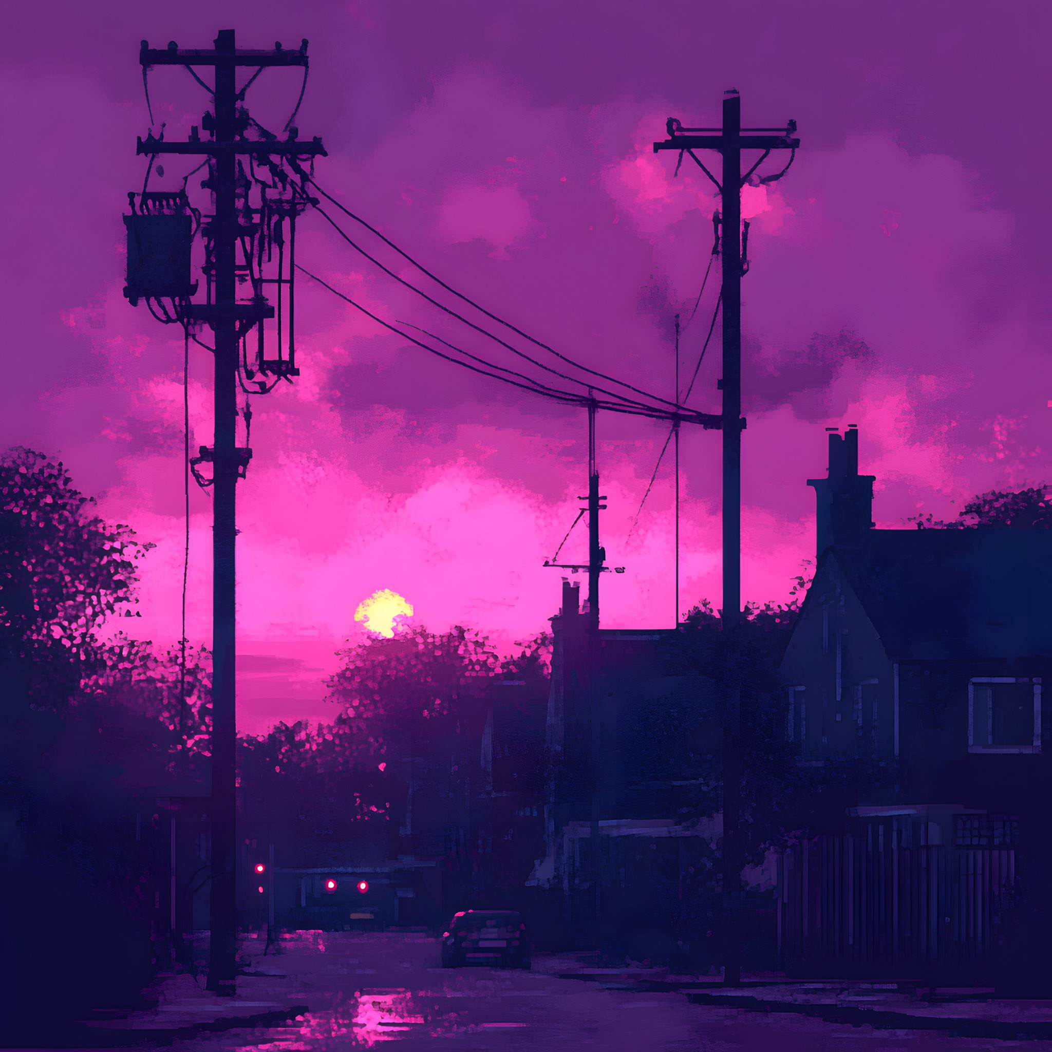 Dusk, Overhead power line, Electricity, Pink, Afterglow, Evening, Electrical cable, Purple, Sunset, Electrical Supply, Electrical network, Red sky at morning, Wire, Sunrise, Silhouette, Meteorological phenomenon, Dawn, Night