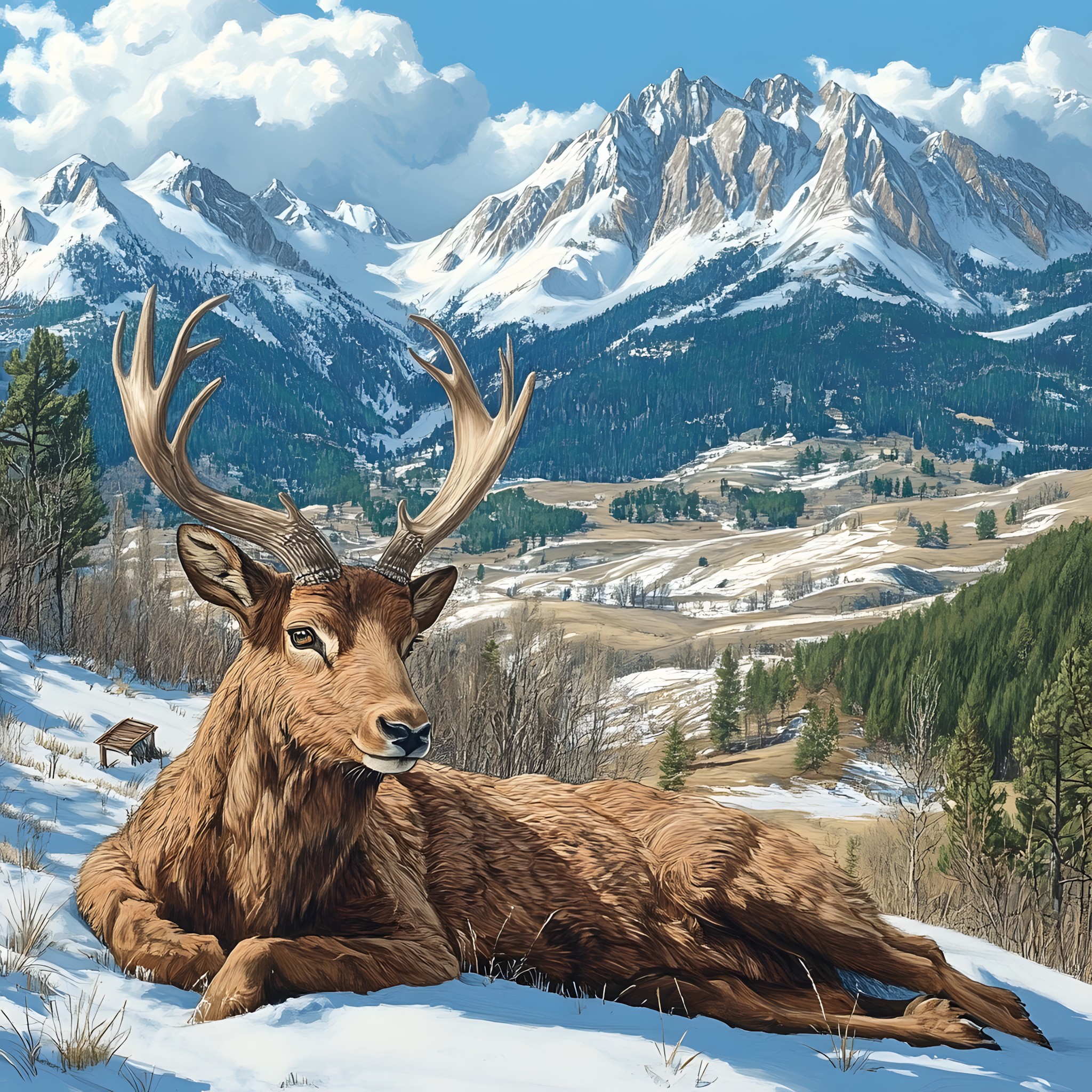 Mountainous landforms, Deer, Reindeer, Antler, Mountain, Elk, Wildlife, Horn, Mountain range, Hill, Antelope, Landscape, Wilderness, Highland, Valley, Snow, Winter, Barren-ground caribou, Morning, Alps