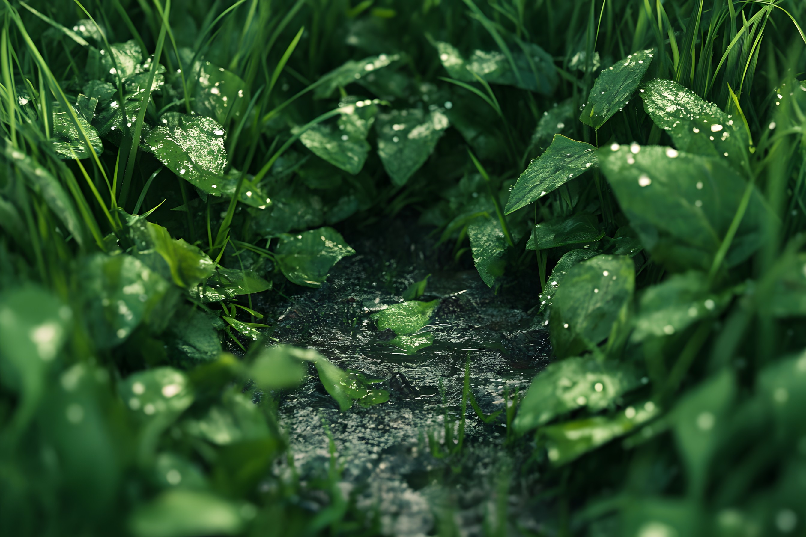 Green, Leaf, Moisture, Groundcover, Grasses, Precipitation, Dew, Herbaceous plant, Drop, Macro photography, Herb, Liverworts