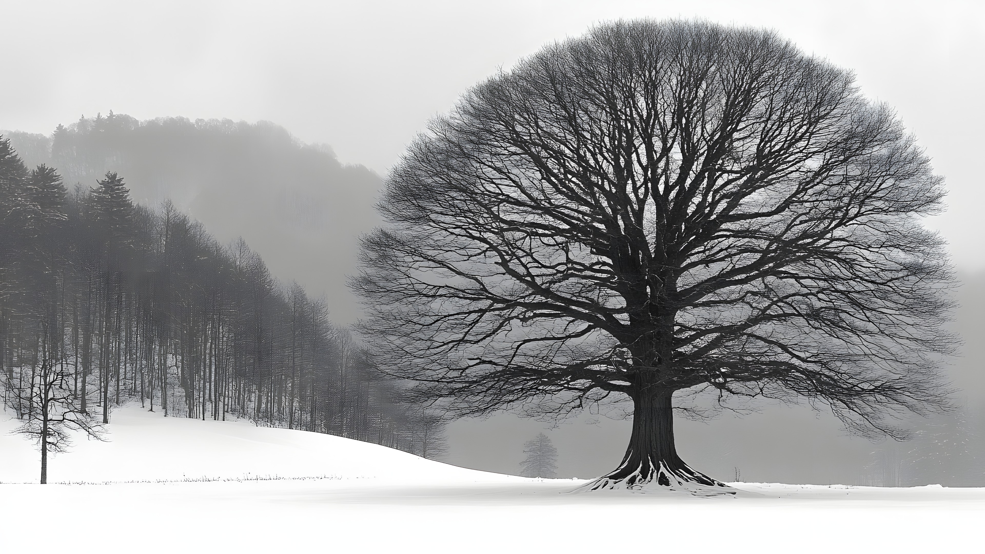 Branch, Nature, atmospheric phenomenon, Monochrome photography, Winter, Snow, Black, Trunk, Black and white, Twig, Monochrome, Freezing, Grey, Woody plant, Mist, Slope, Fog, Frost, Haze, Precipitation