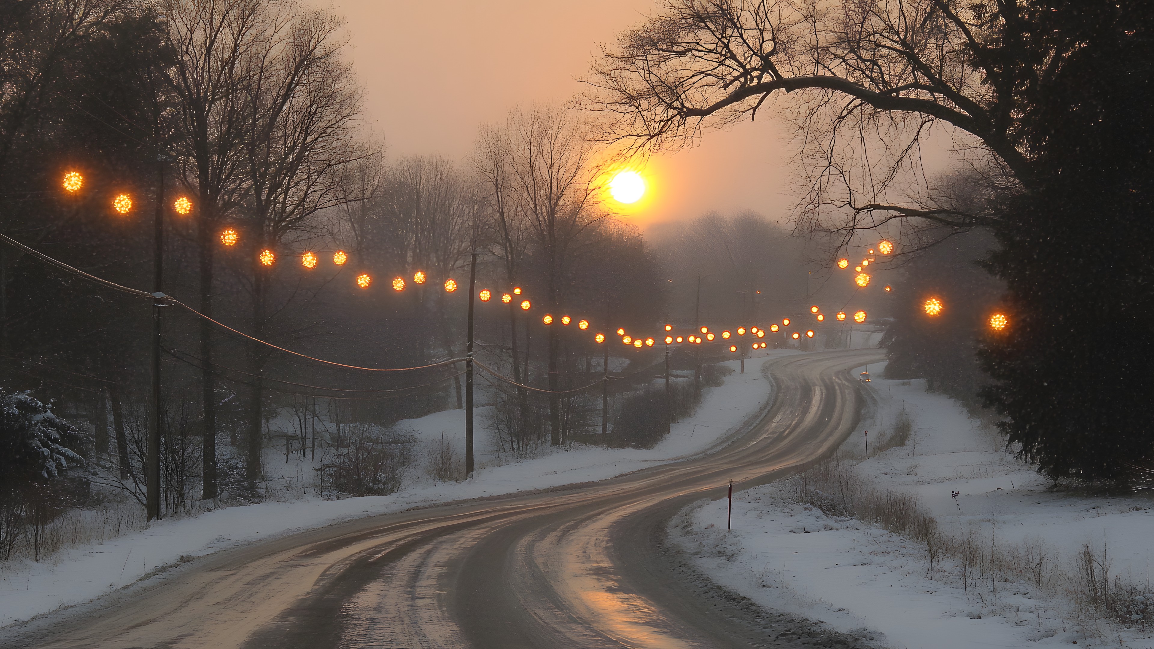 Sky, Snow, Cloud, Light, Street light, Automotive lighting, Nature, Infrastructure, Natural landscape, Tree, Road surface, Branch, Sunlight, Atmospheric phenomenon, Thoroughfare, Freezing, Landscape, Road, Dusk, Woody plant