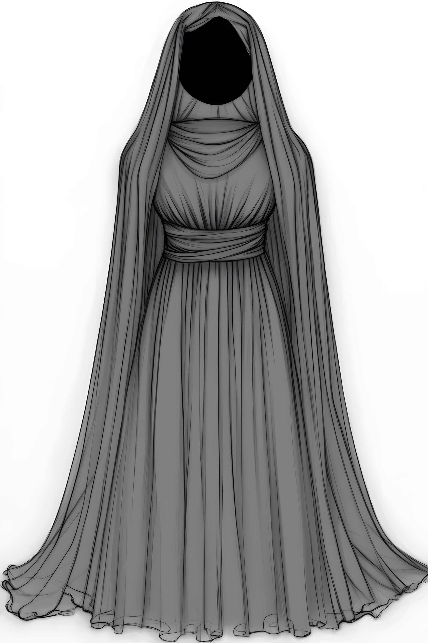 Fashion illustration, Long hair, Fashion design, Abaya, Costume design, Cloak, Sketch, Gown, One-piece garment, Line art, Cape, Shawl, Day Dress