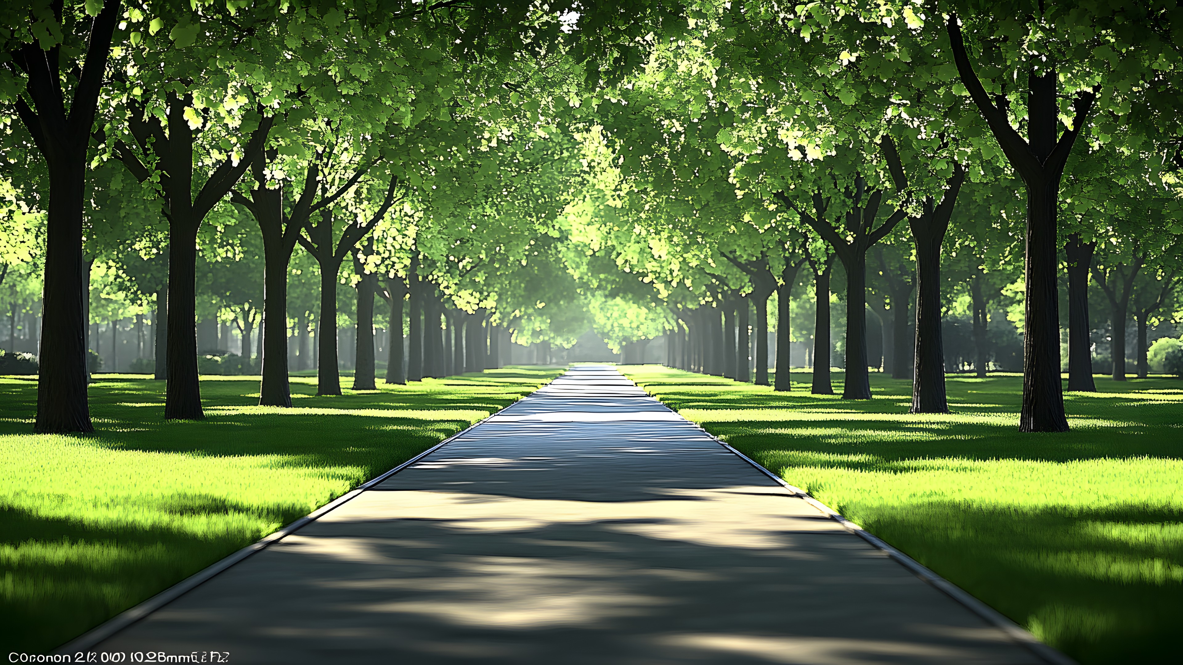 Green, Nature, Leaf, Grass, Natural landscape, Sunlight, Trunk, Spring, Woody plant, Walkway, Shade, Landscaping, Symmetry, Shadow, Sidewalk, Park, Woodland, Grove, Path, Plantation