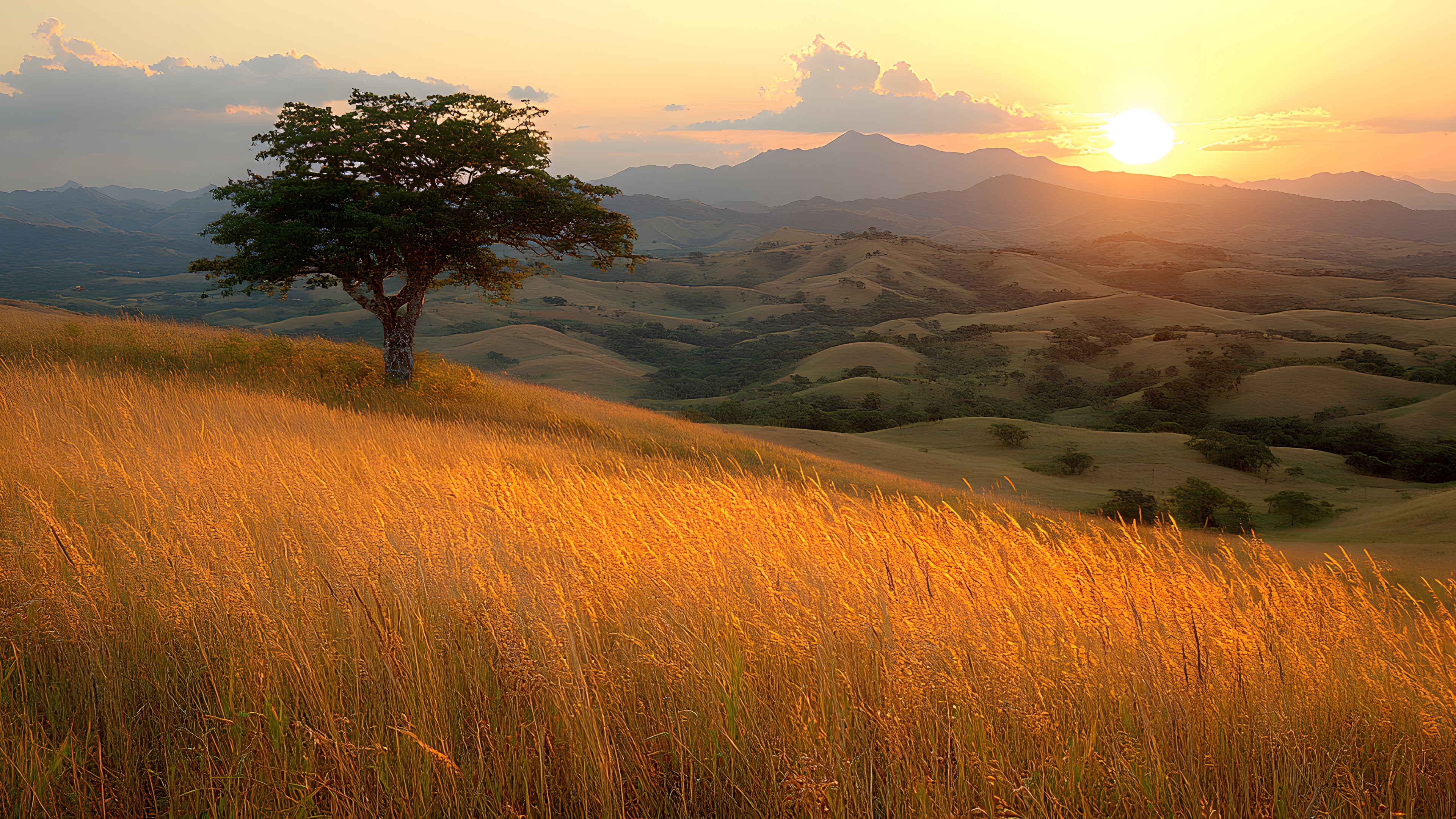 Sky, Mountain, Plant, Plant community, Cloud, Light, Natural landscape, Natural environment, Highland, People in nature, Tree, Sunlight, Vegetation, Grass, Afterglow, Dusk, Sunrise, Grassland, Mountainous landforms, Horizon