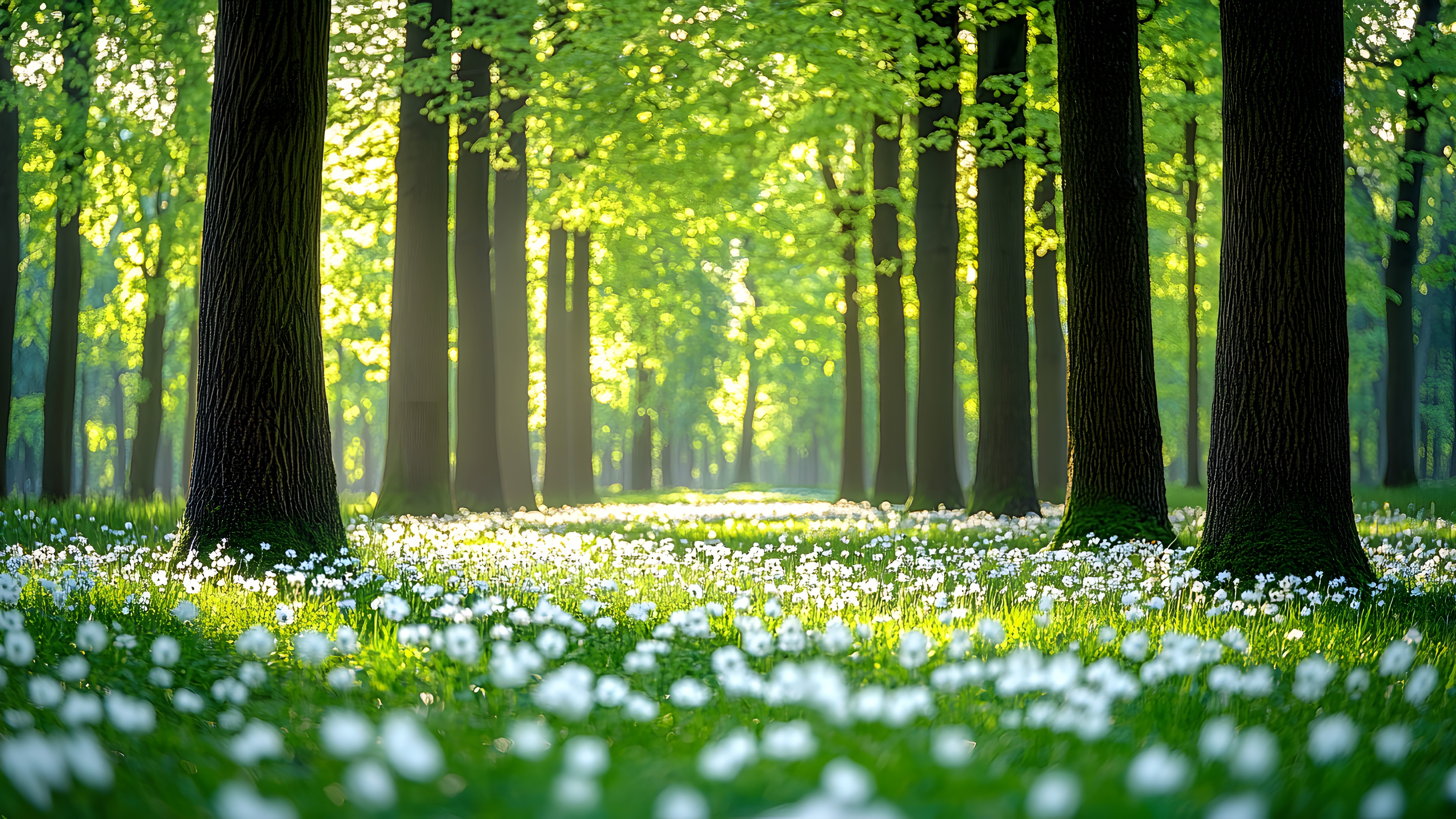 Green, Spring, Forest, Trunk, Groundcover, Woody plant, Sunlight, Grove, Woodland, Garden, Meadow, Northern hardwood forest, Old-growth forest, Wildflower, Temperate broadleaf and mixed forest, Plantation, Tropical and subtropical coniferous forests, Valdivian temperate rain forest