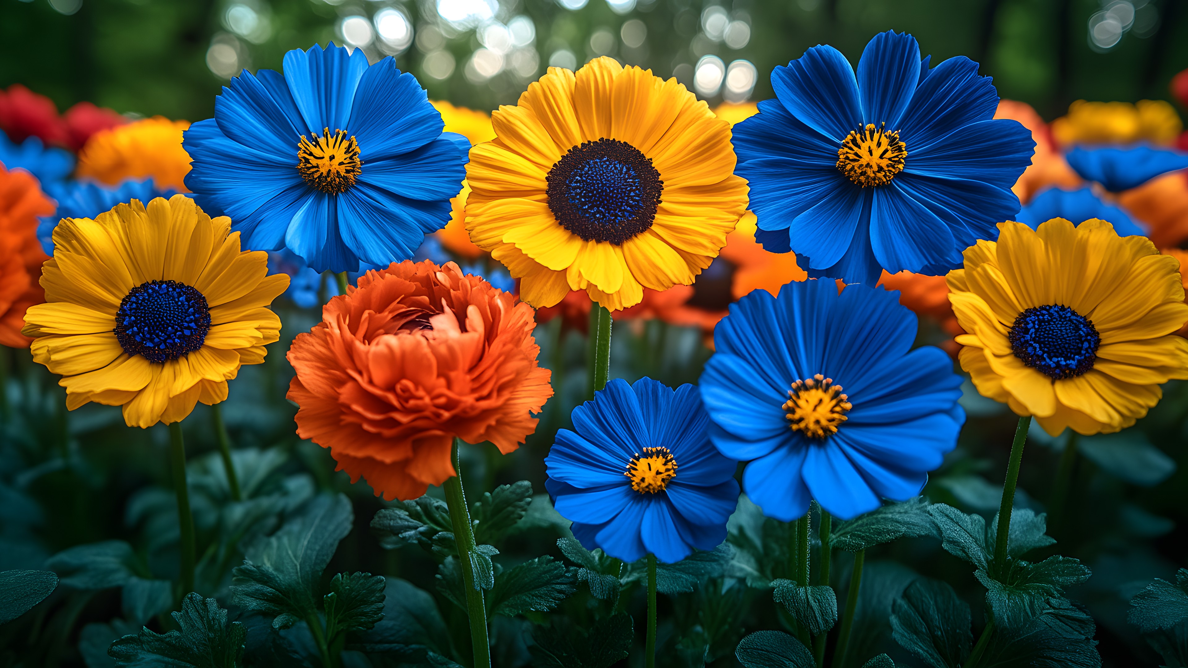 Flower, Petal, Blue, Yellow, Red, Orange, Flowering plant, Cut flowers, Close-up, Purple, Floristry, Spring, Plant stem, Wildflower, Floral design, Pollen, Daisy family, Herbaceous plant, Still life photography, Forb