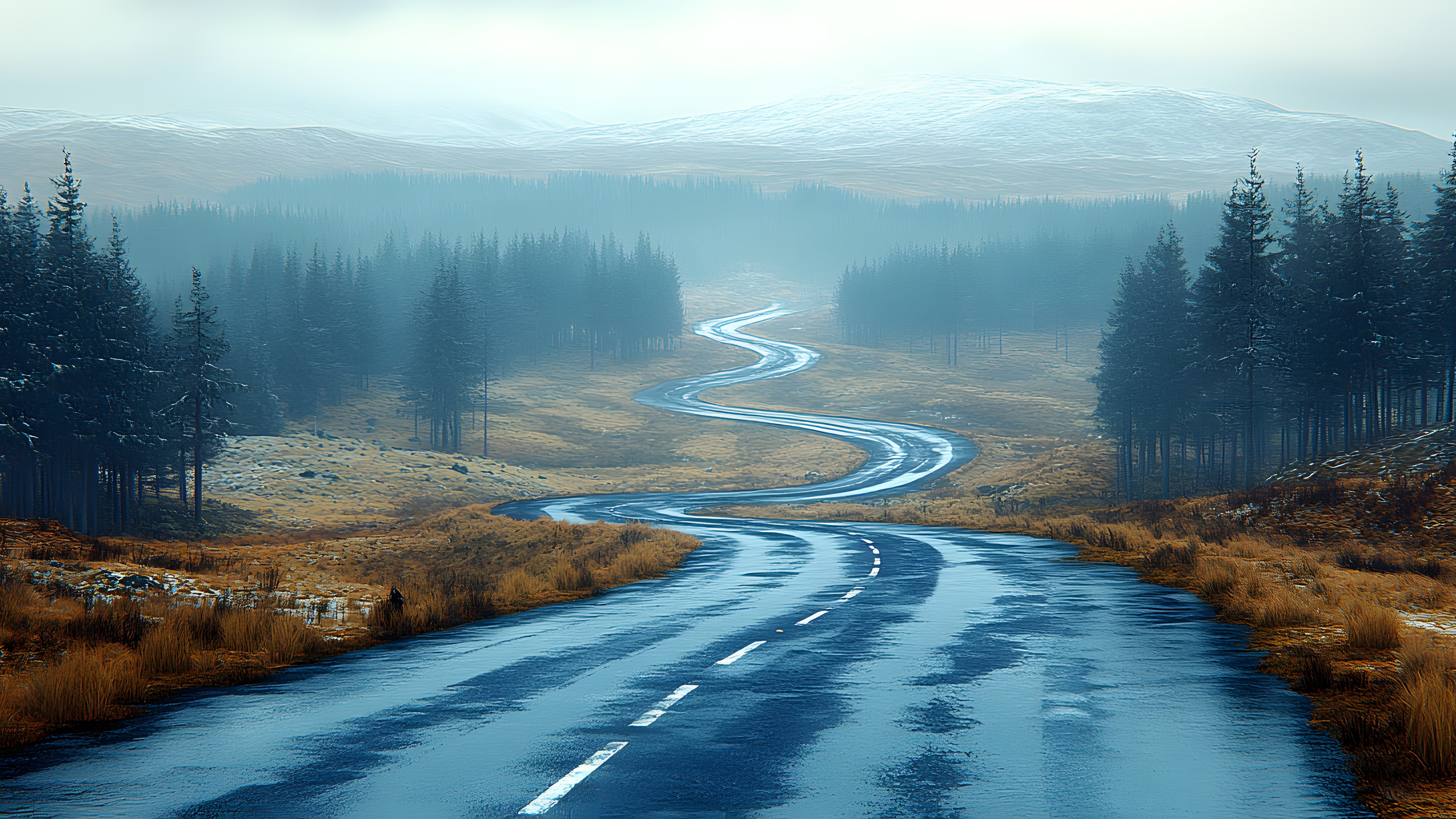 Road, Nature, Mountainous landforms, Natural landscape, atmospheric phenomenon, Highland, Landscape, Hill, Thoroughfare, Wilderness, Valley, Morning, Mountain pass, Forest, Slope, Fell, Hill station, Larch, Winter, Highway