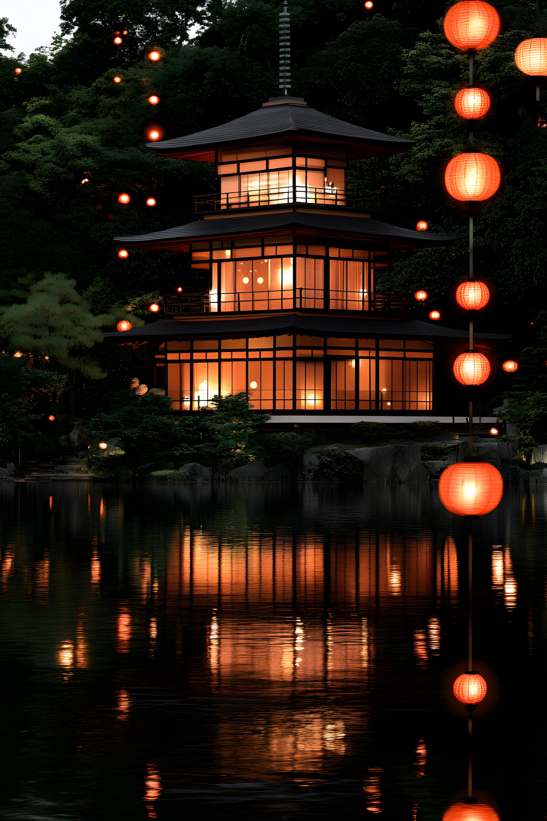 Reflection, Chinese architecture, Pagoda, Night, Japanese architecture, Finial, Evening, Midnight, Pond, Temple, Lantern, Shrine, Landscape lighting