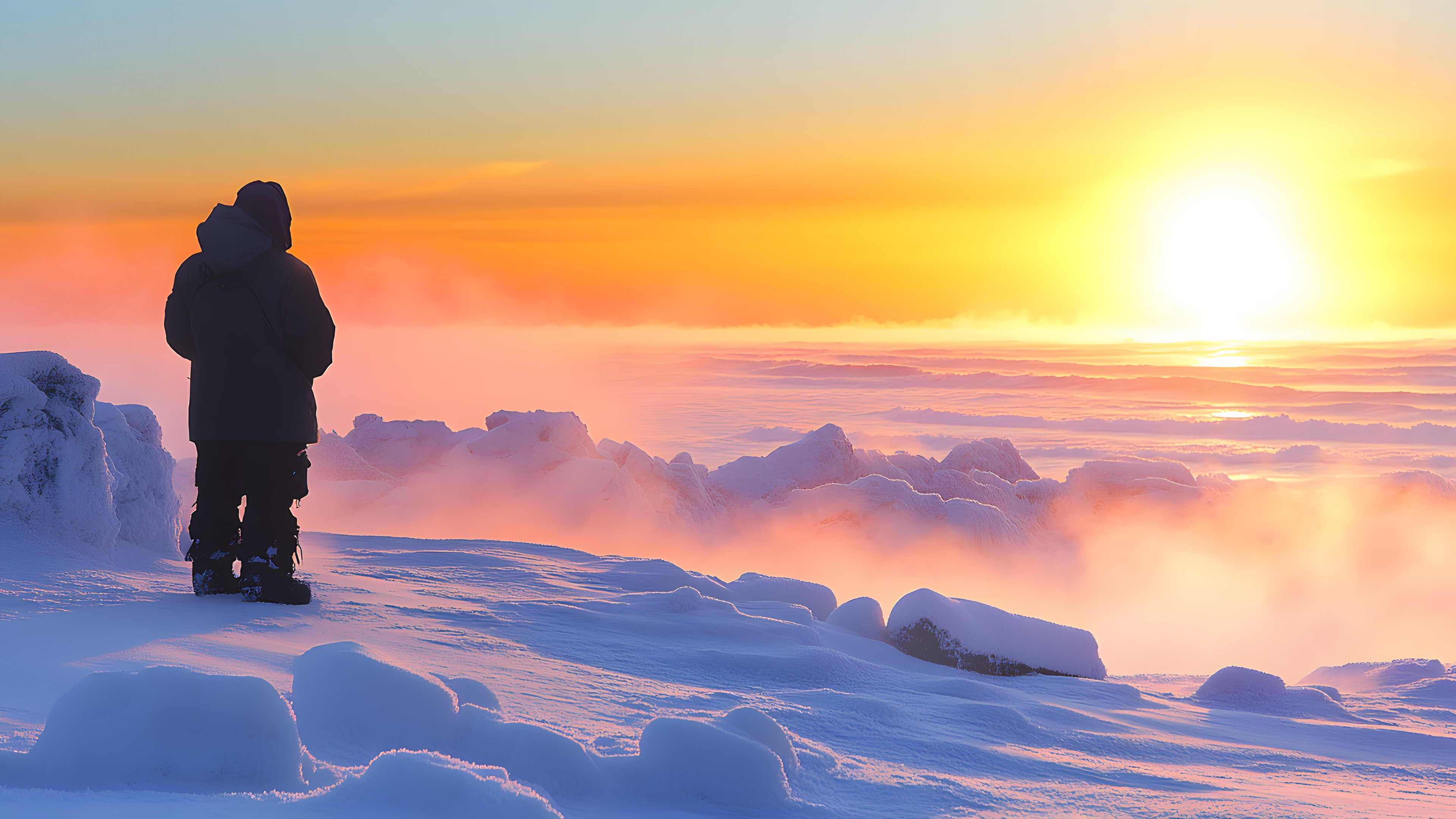 Winter, Afterglow, Sunrise, Sunset, Orange, Cloud, Dusk, Snow, Freezing, Sun, geological phenomenon, People in nature, Morning, Ice cap, Sunlight, Red sky at morning, Arctic, Dawn, Travel, Glacial landform