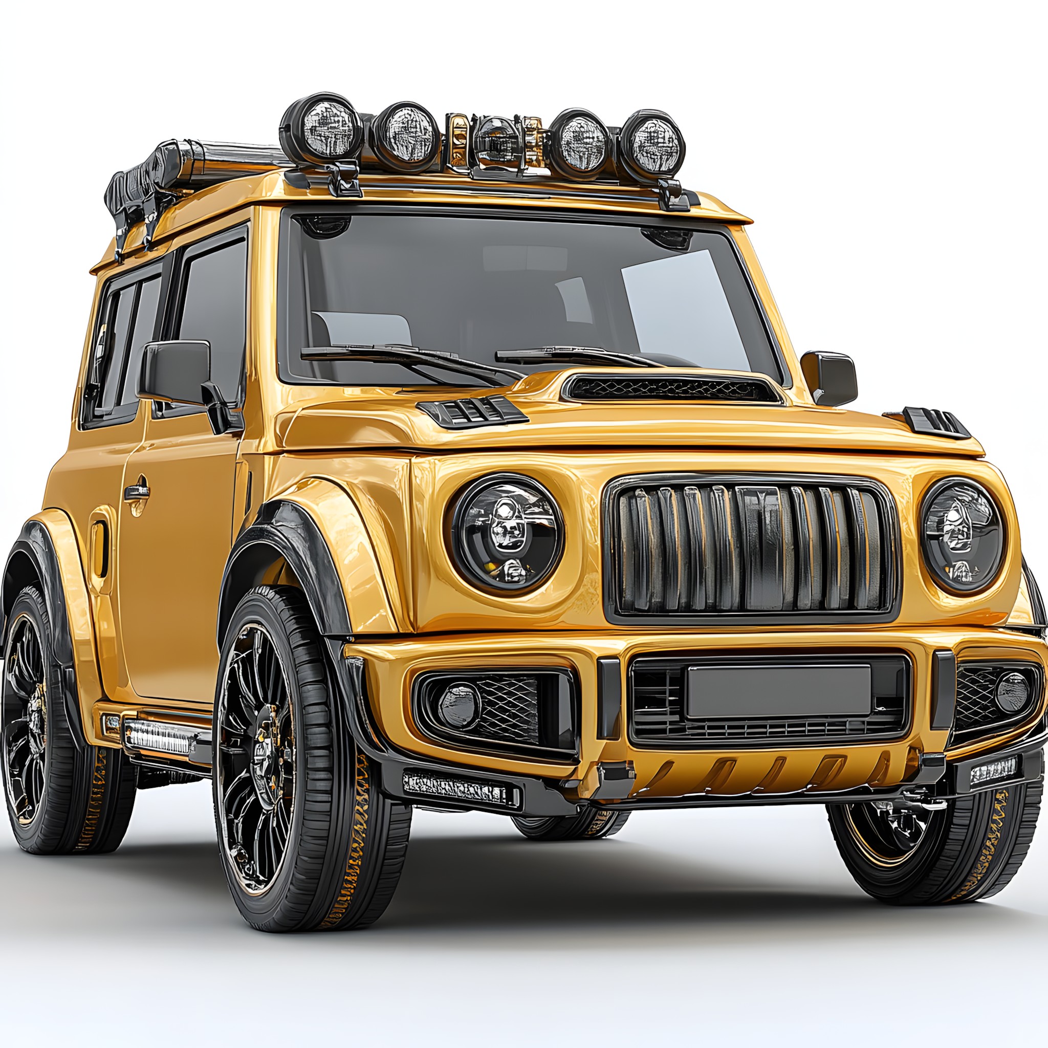 Motor vehicle, Car, Automotive Exterior, Yellow, Automotive lighting, Grille, Bumper, Automotive Carrying Rack, Hood, Fender, Railing, Headlamp, Car door, Automotive Light Bulb, Tread, Off-road vehicle, Hardtop, Automotive Fog Light, Jeep, Kit car