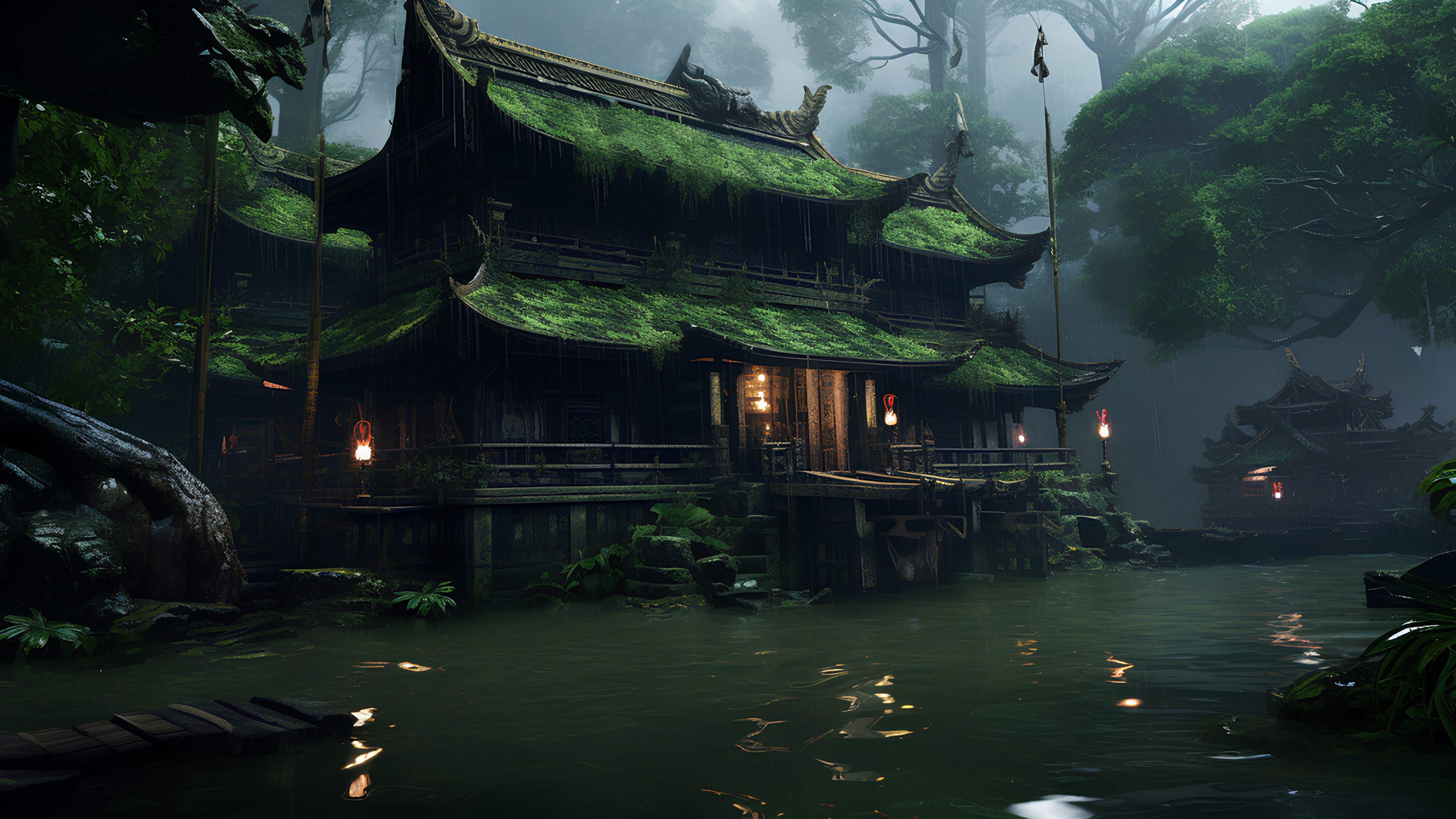 Water, Building, Cloud, Sky, Nature, Plant, House, Vegetation, Biome, Lake, Watercourse, Tree, Chinese architecture, Natural landscape, Landscape, Leisure, Art, Reflection, Darkness, Painting