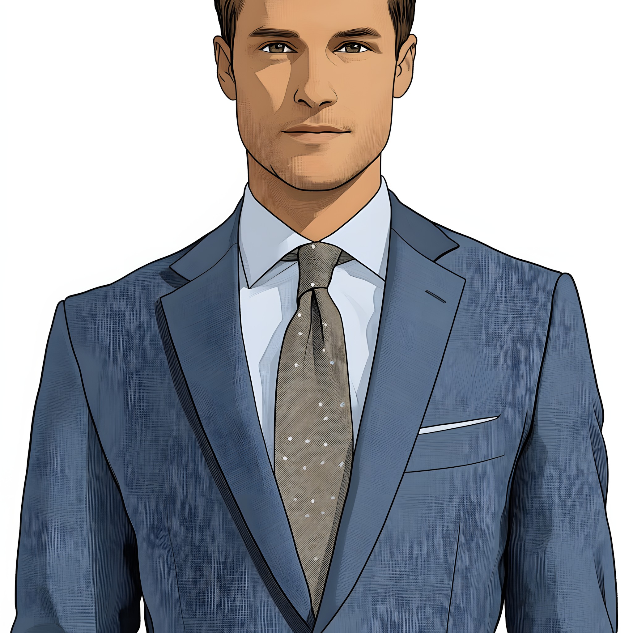 Formal wear, Collar, Blazer, Neck, Necktie, Pocket, Dress shirt, Suit, White-collar worker, Coat, Businessperson, Thorax, Button, Portrait, No expression, Suit trousers