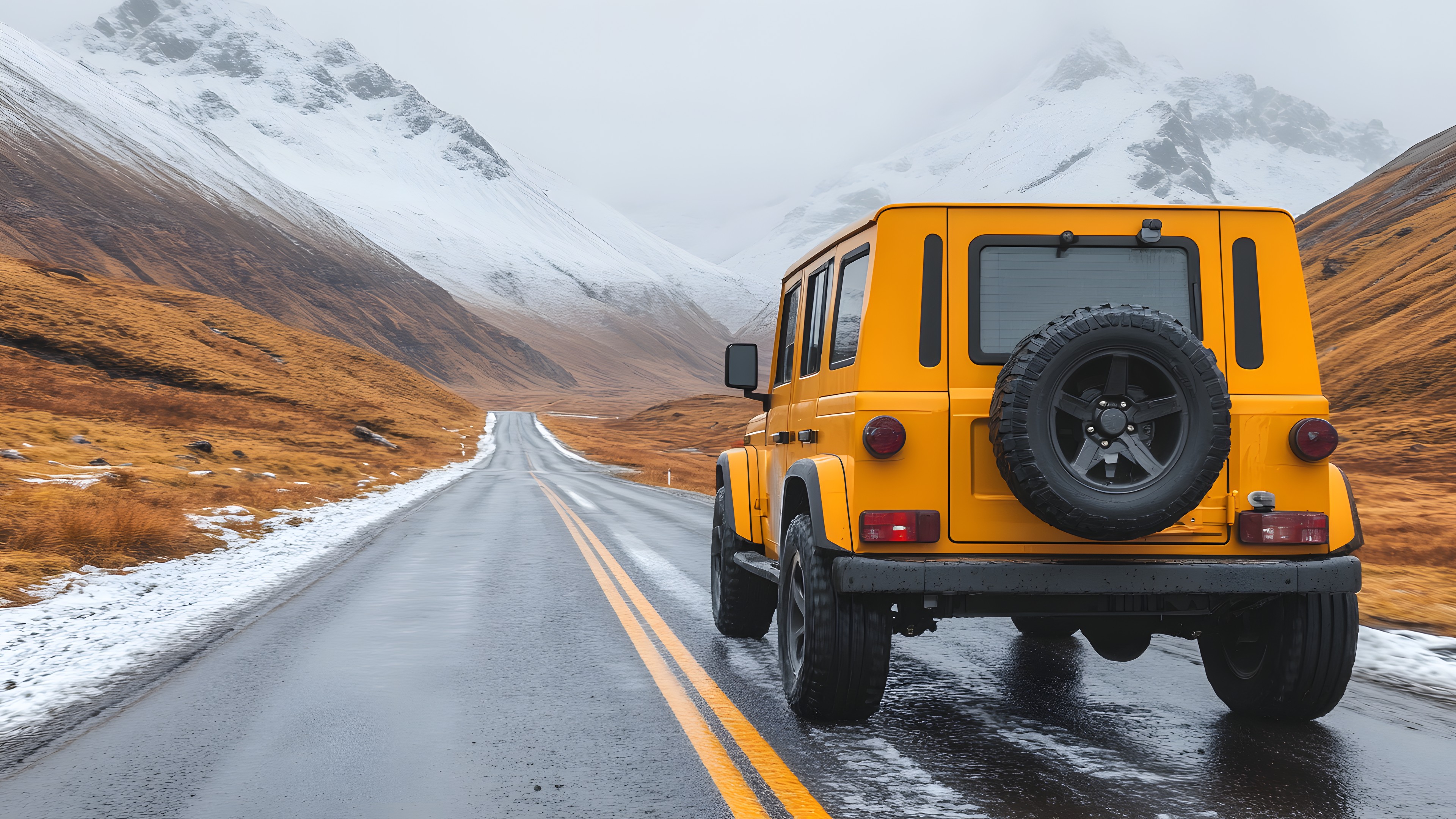 Wheel, Tire, Mountain, Vehicle, Automotive lighting, Automotive tire, Car, Motor vehicle, Vehicle registration plate, Tread, Sky, Window, Asphalt, Automotive design, Mode of transport, Bumper, Snow, Road surface, Rolling, Automotive exterior