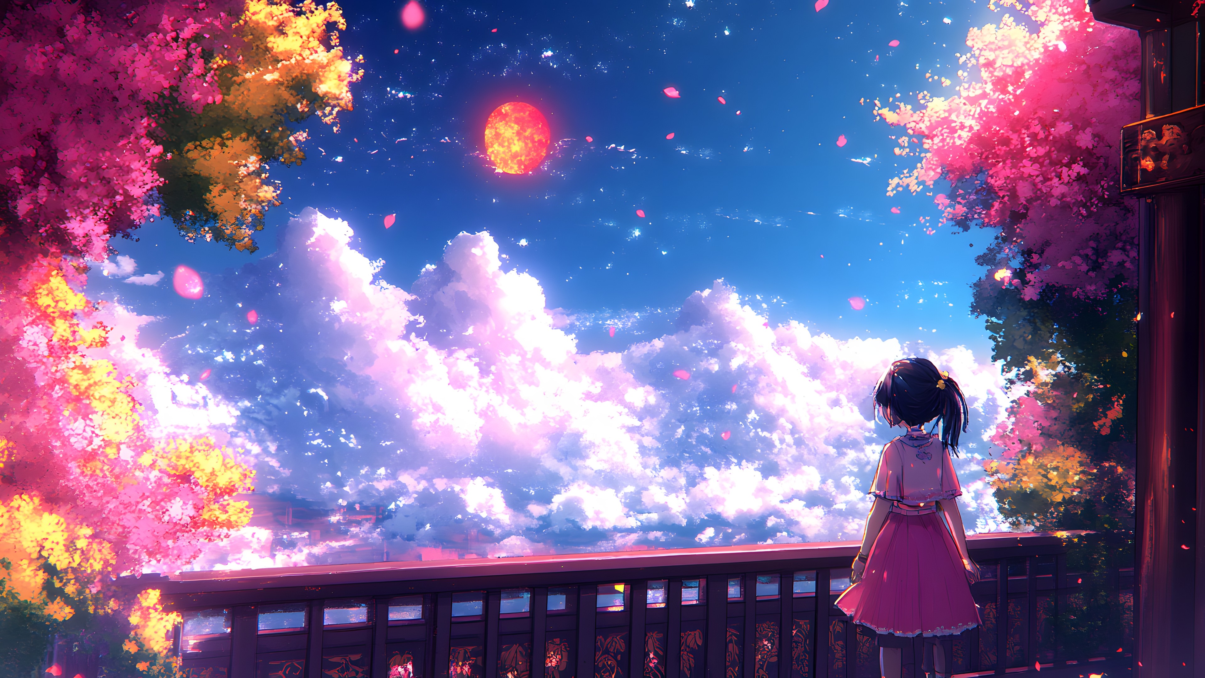 Pink, Petal, Evening, Animation, CG artwork, Dusk, Blossom