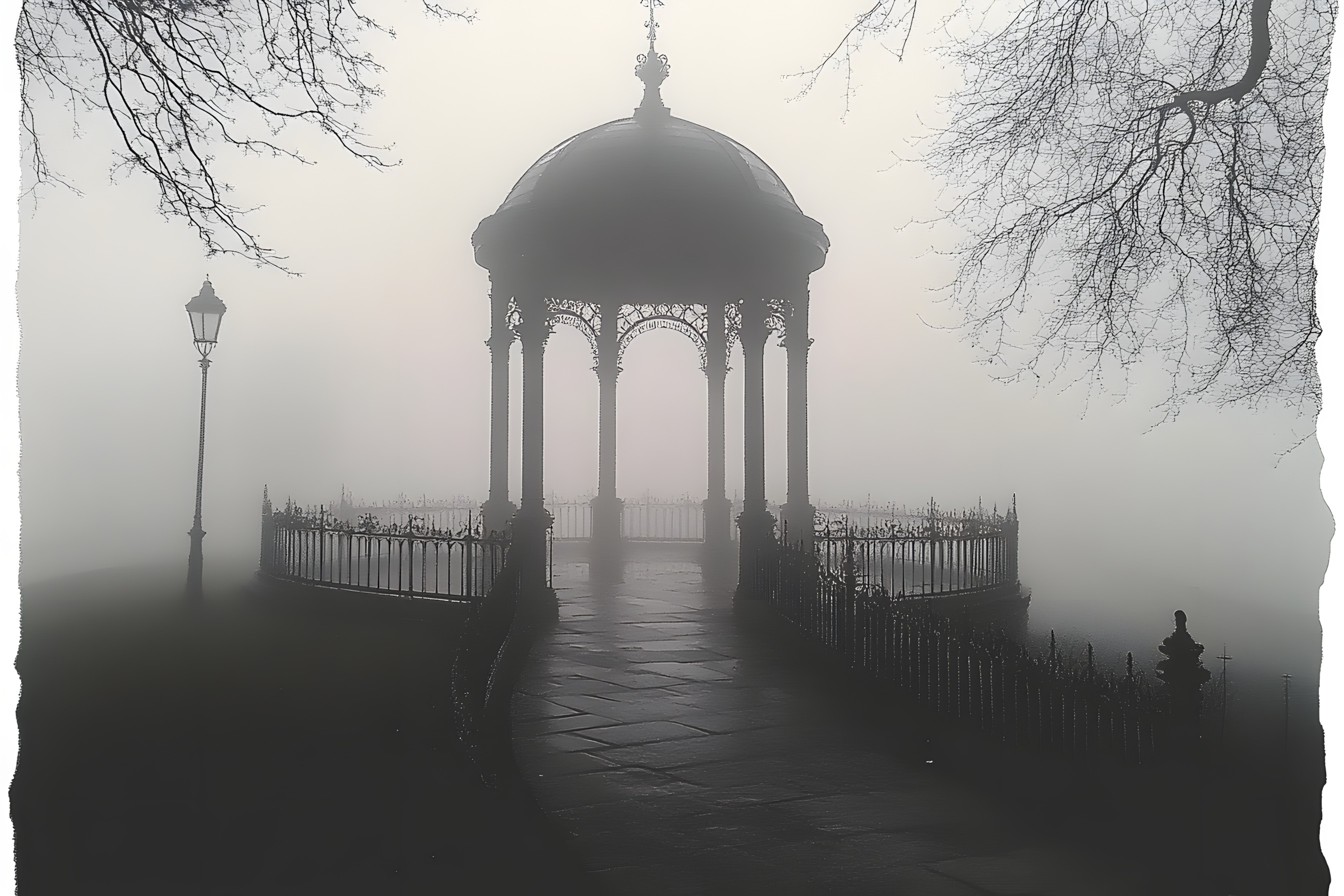 atmospheric phenomenon, Fog, Mist, Haze, Morning, Monochrome, Grey, Bridge, Black and white, Gazebo, Winter, Evening, Symmetry, Fence, Wind, Outdoor Structure, Walkway