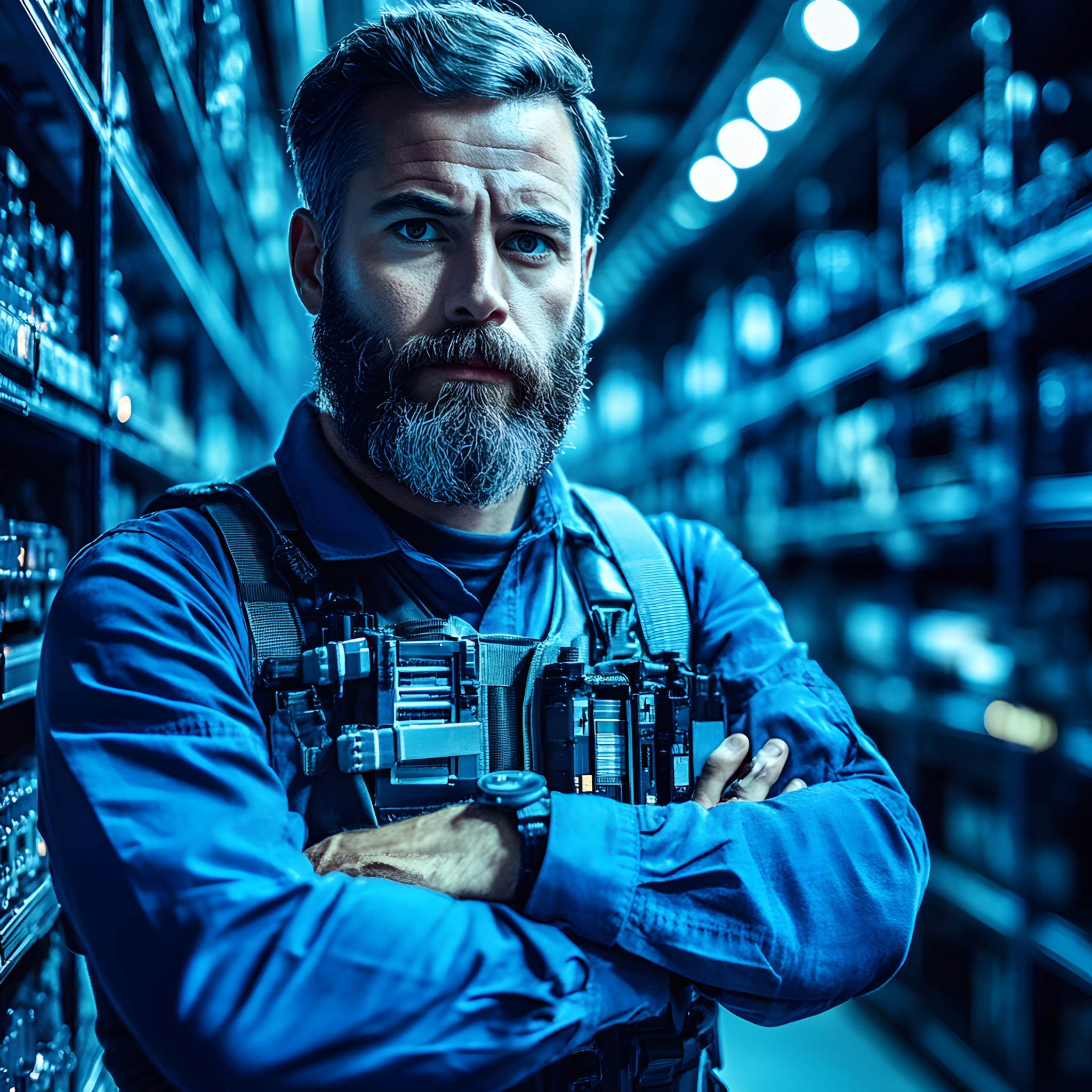 Facial hair, Beard, Security, Action, Bulletproof vest, Workwear, Belt