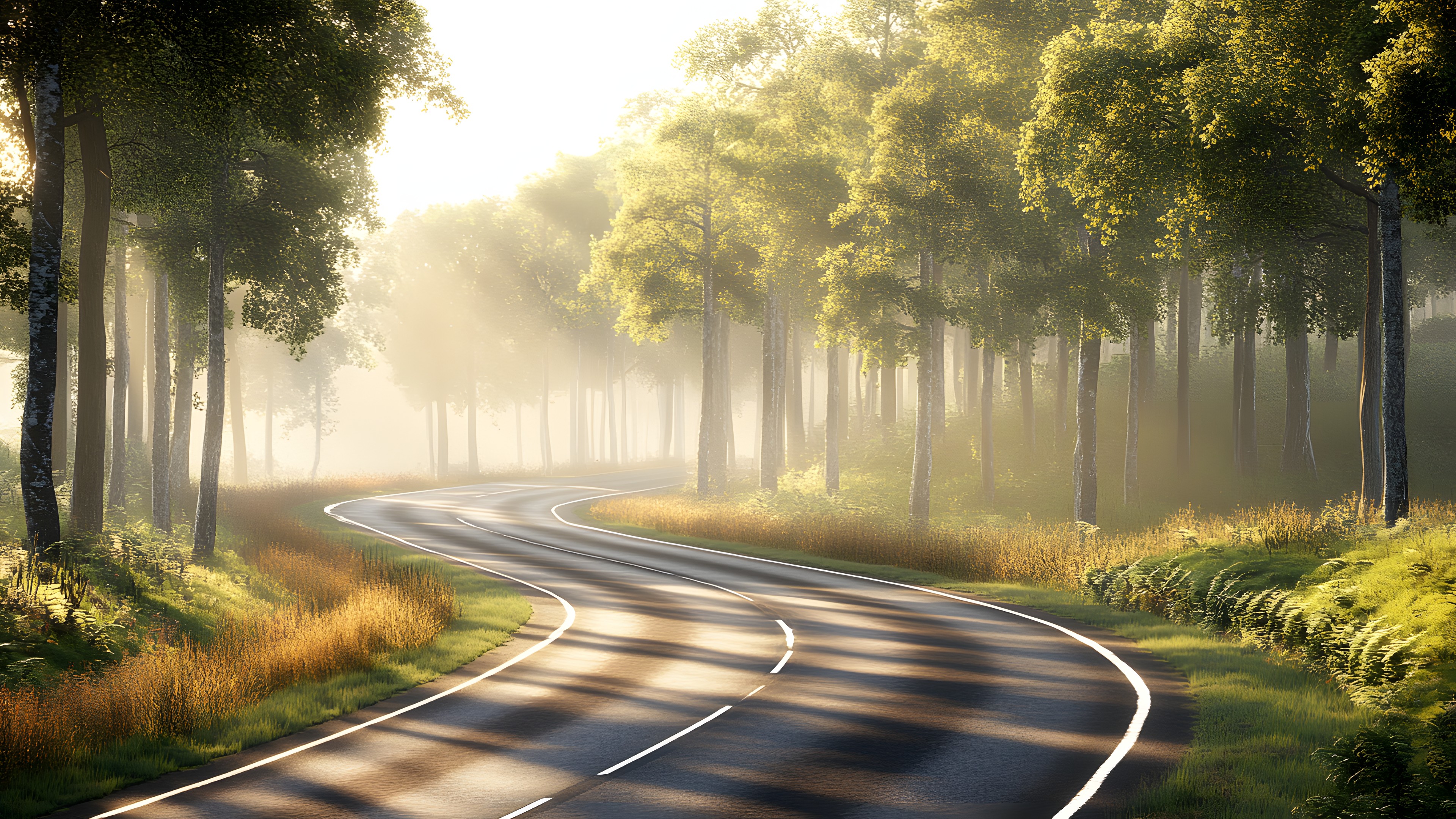 Road, Nature, Natural landscape, atmospheric phenomenon, Forest, Thoroughfare, Sunlight, Morning, Mist, Woody plant, Woodland, Highway, Fog, Sunrise, Lens flare, Haze, Trail, Old-growth forest, Northern hardwood forest, Evening